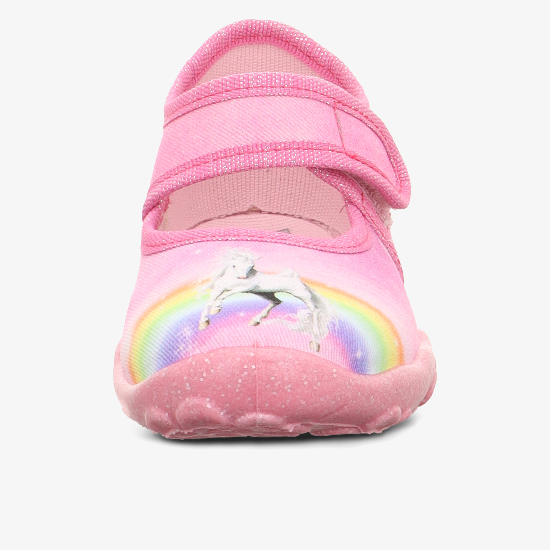 Rosa Kinderschuh mit Regenbogen und Einhornmotiv, Klettverschluss für einfachen Halt und rutschfeste Sohle