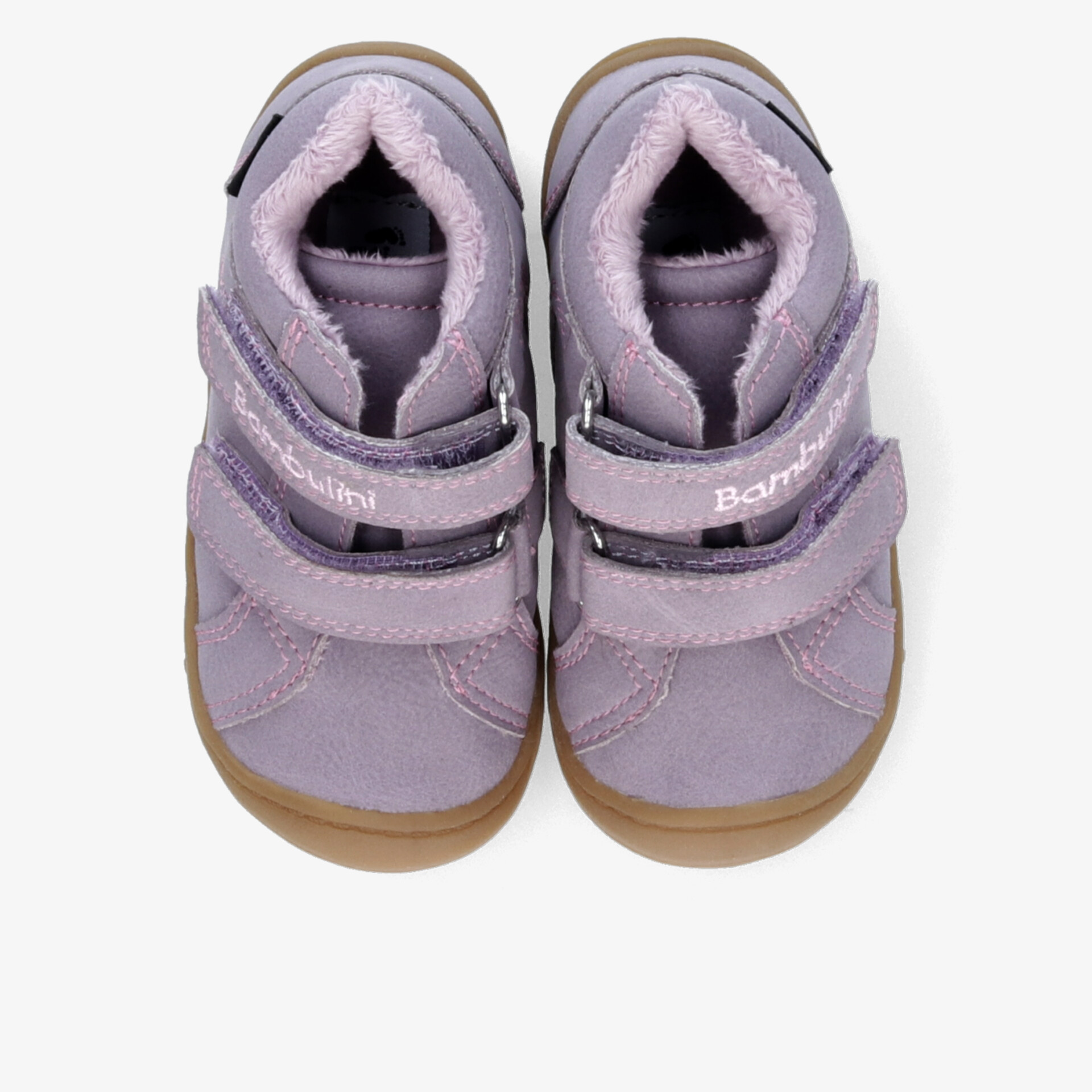 Kinderschuhe in Lila mit Klettverschluss, gepolstert und rutschfester Sohle, komfortabel und langlebig vorne gezeigt