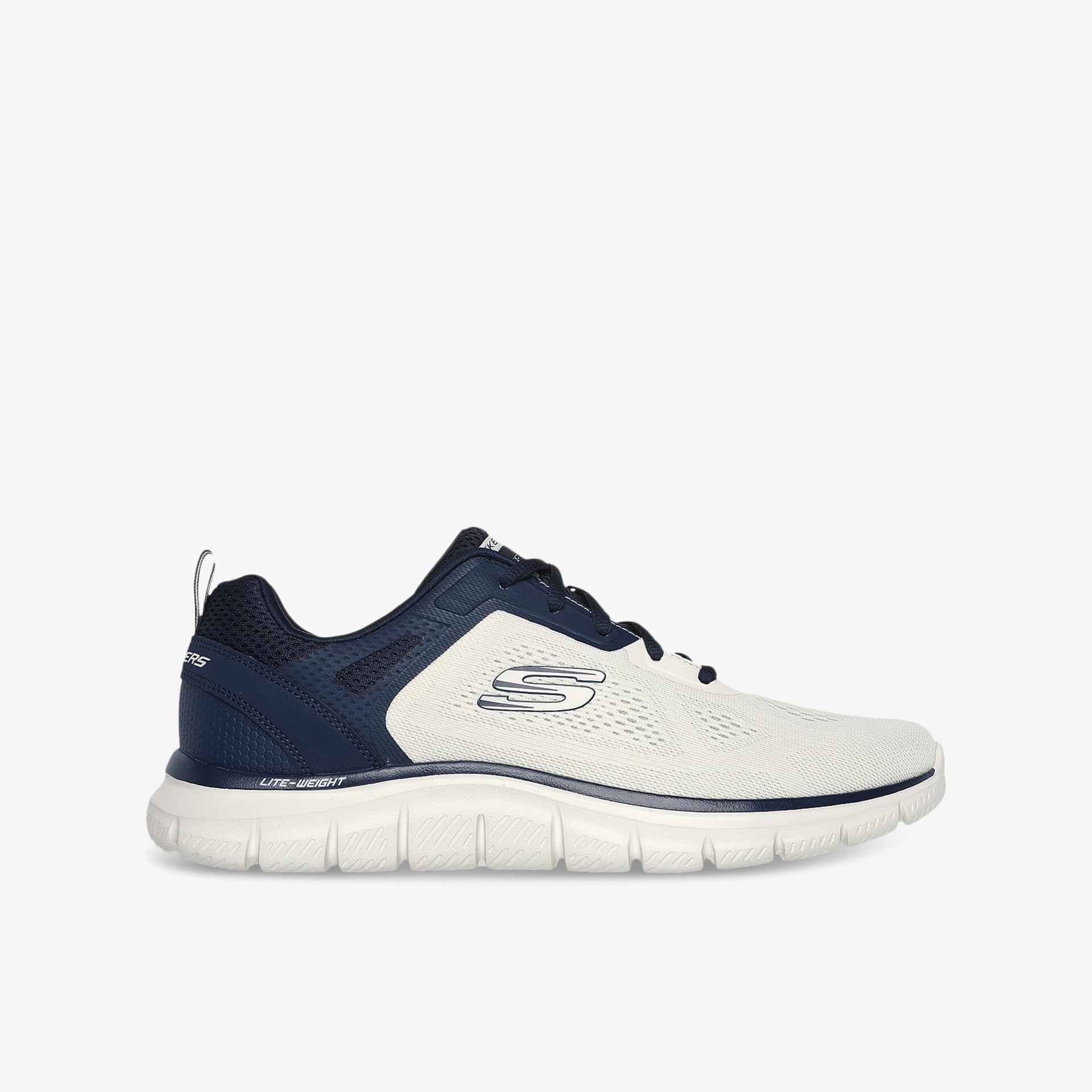 leichter und bequemer Schuh mit flexibler Sohle und einem atmungsaktiven weißen Obermaterial mit blauen Akzenten