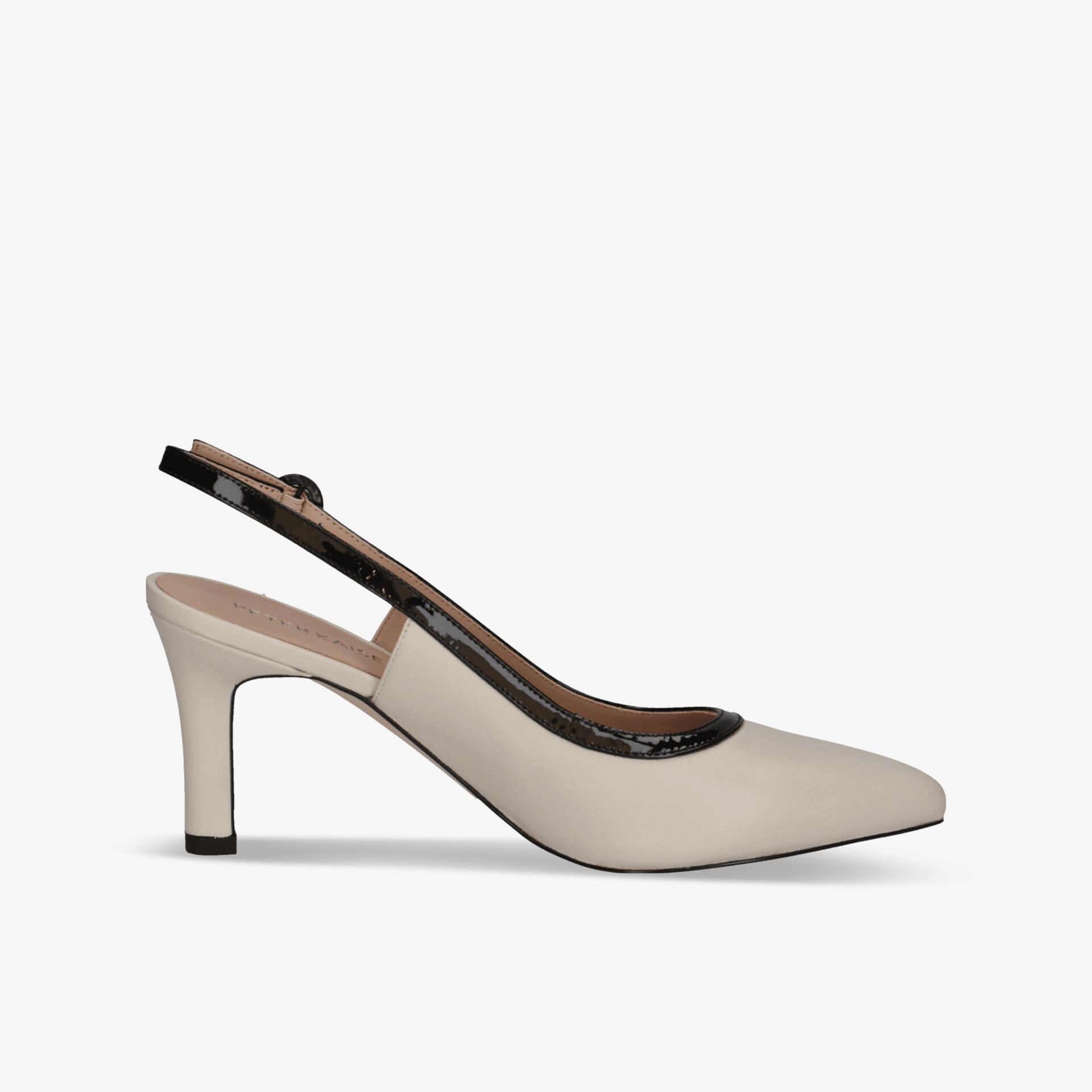 Eleganter beiger Pumps mit spitzem Zehenbereich und Slingback-Riemen, mittelhoher Absatz für Komfort und Stil seitlich gesehen