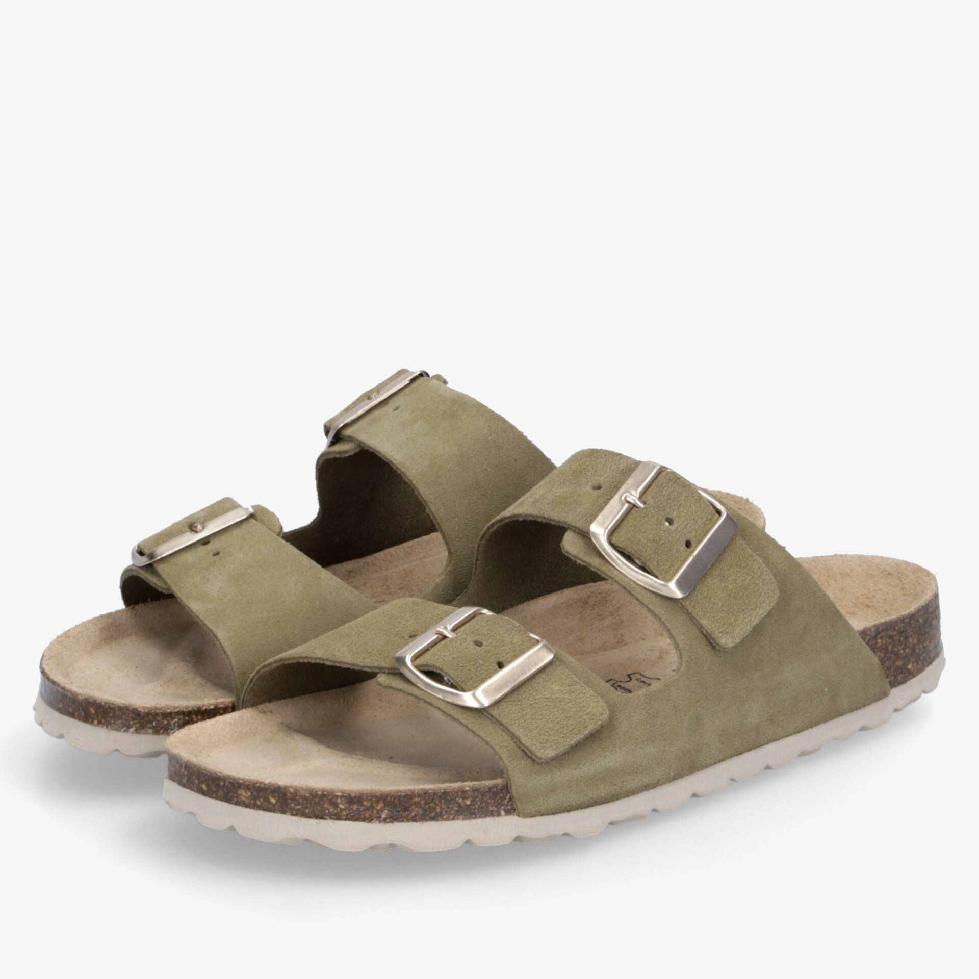Bequem verstellbare olivgrüne Sandalen mit zwei Schnallen und rutschfester Sohle, ideal für den Alltag