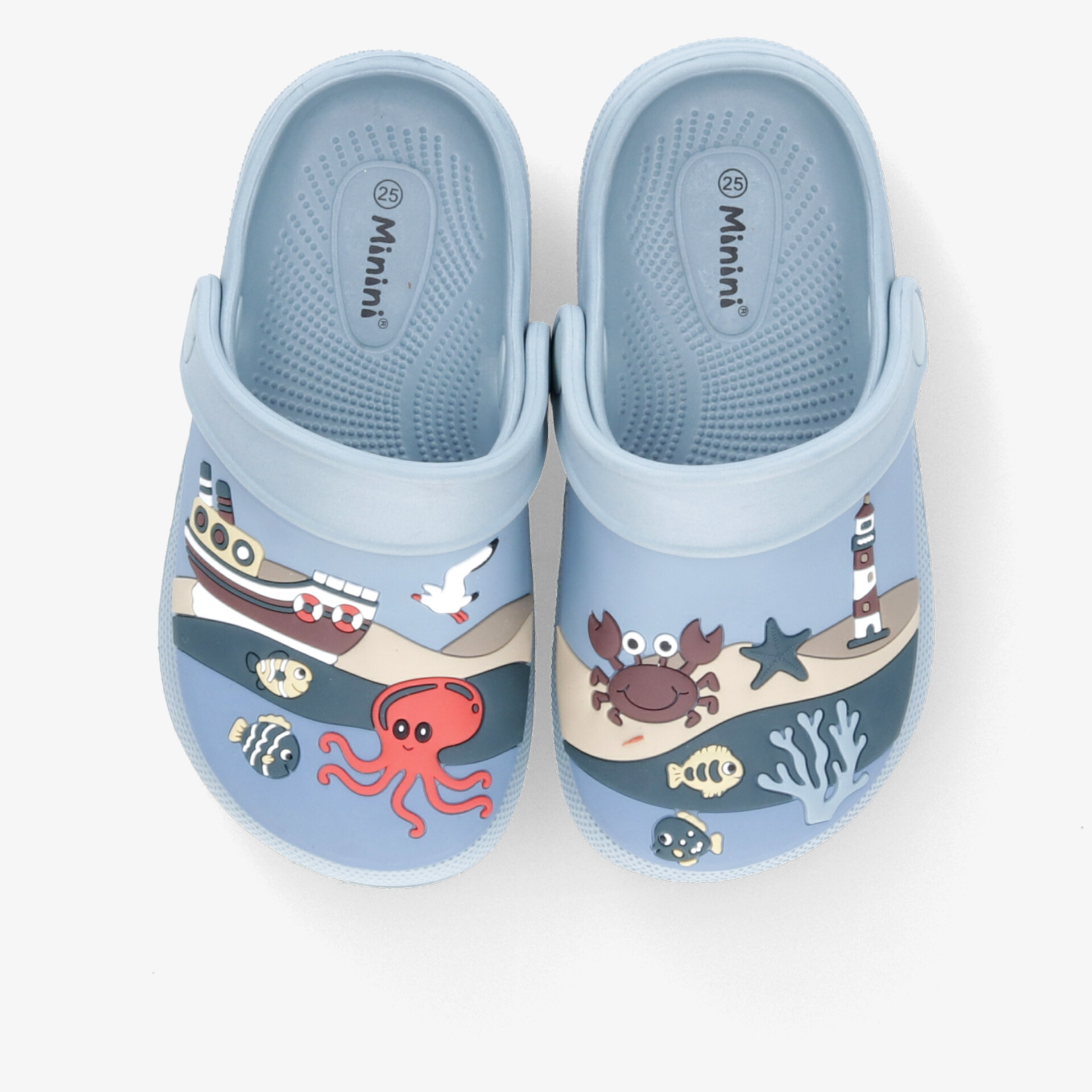 Blaue Clogs mit lustigem Meerestiere-Design, ideal für Innen- und Außenaktivitäten, bequem und leicht.