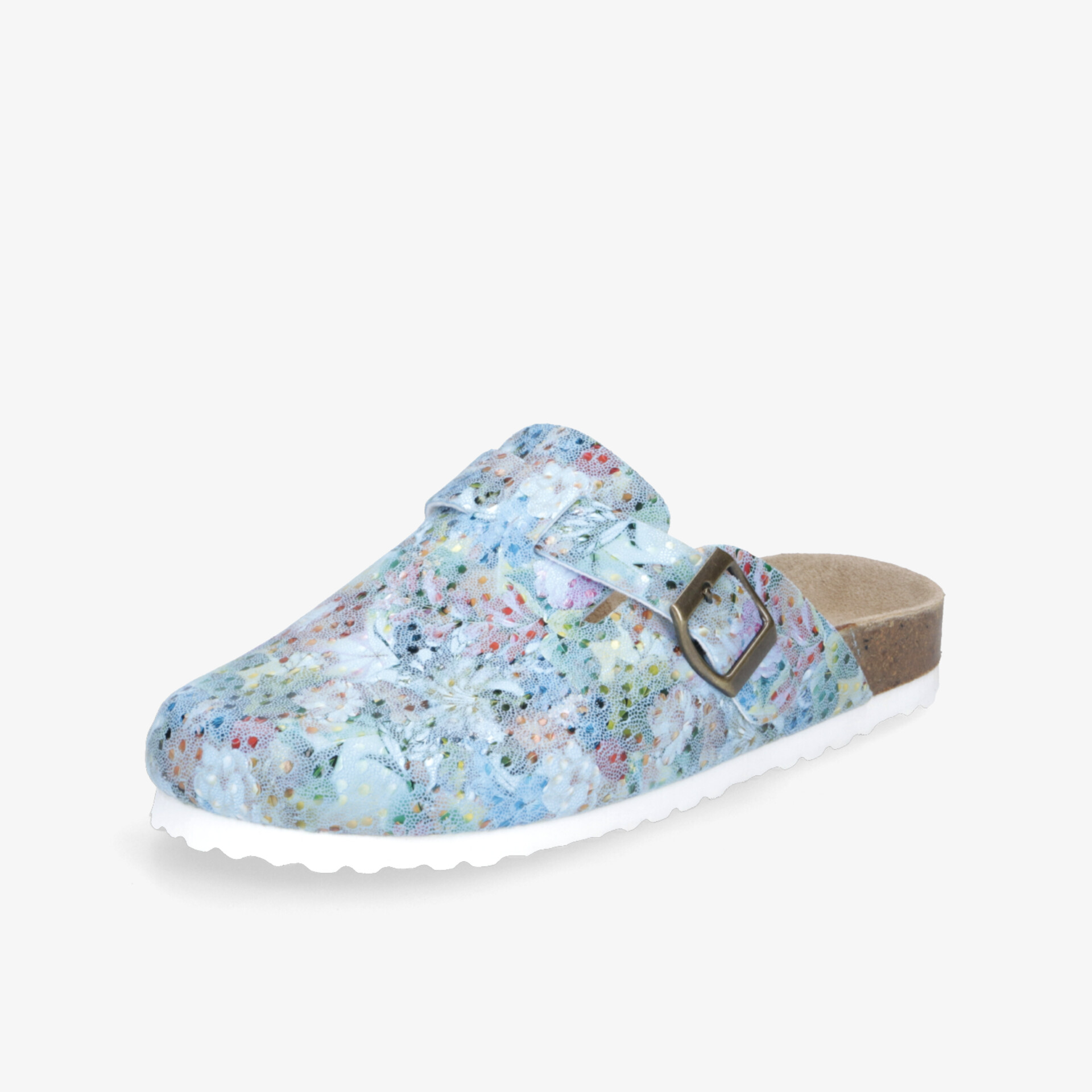 Bequemer Clog mit floralem Muster in Blau und Weiß, verstellbare Schnalle und rutschfeste Sohle für optimalen Komfort