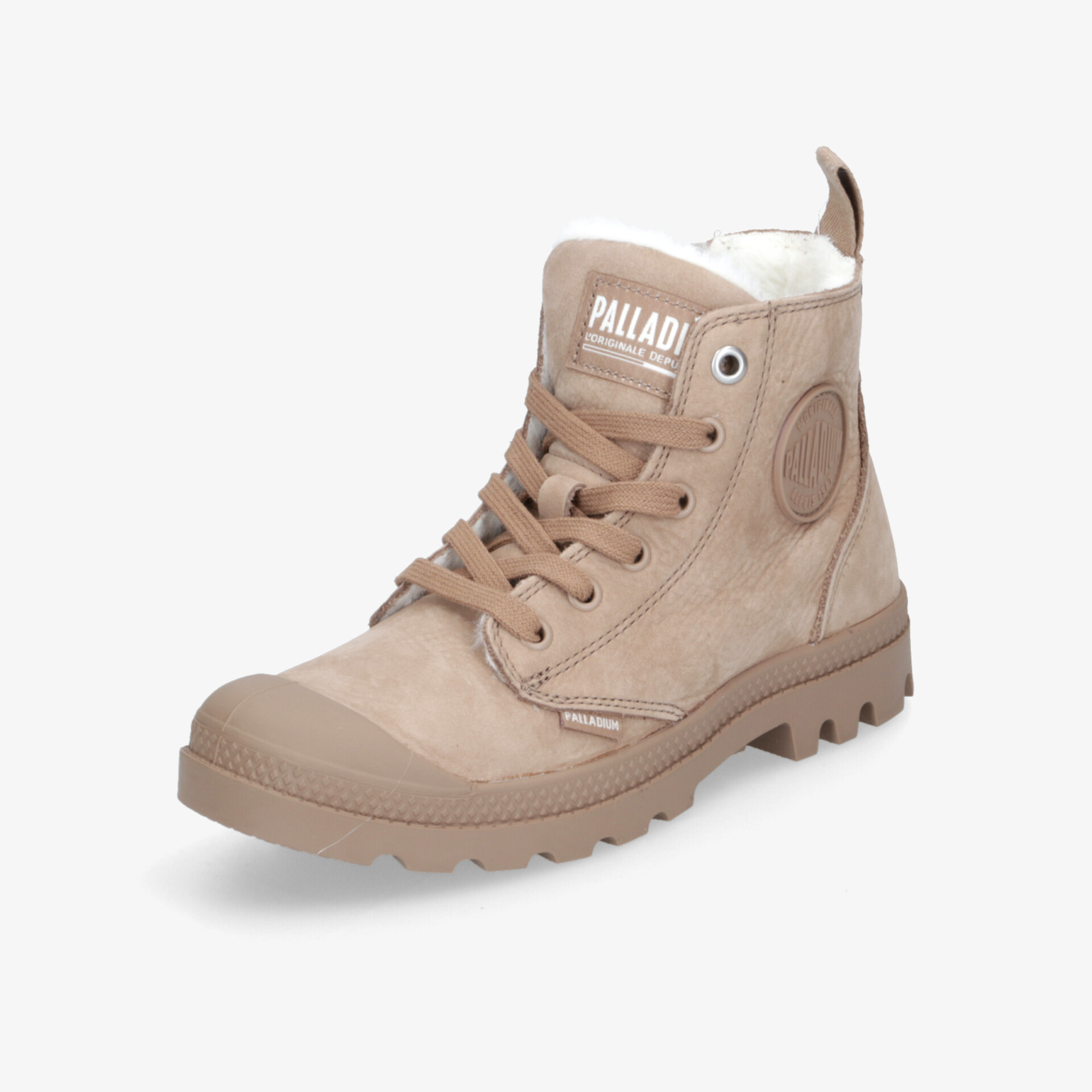 Beiger robuster Palladium Stiefel mit profilierter Sohle und Schnürung für vielseitigen Komfort und Halt