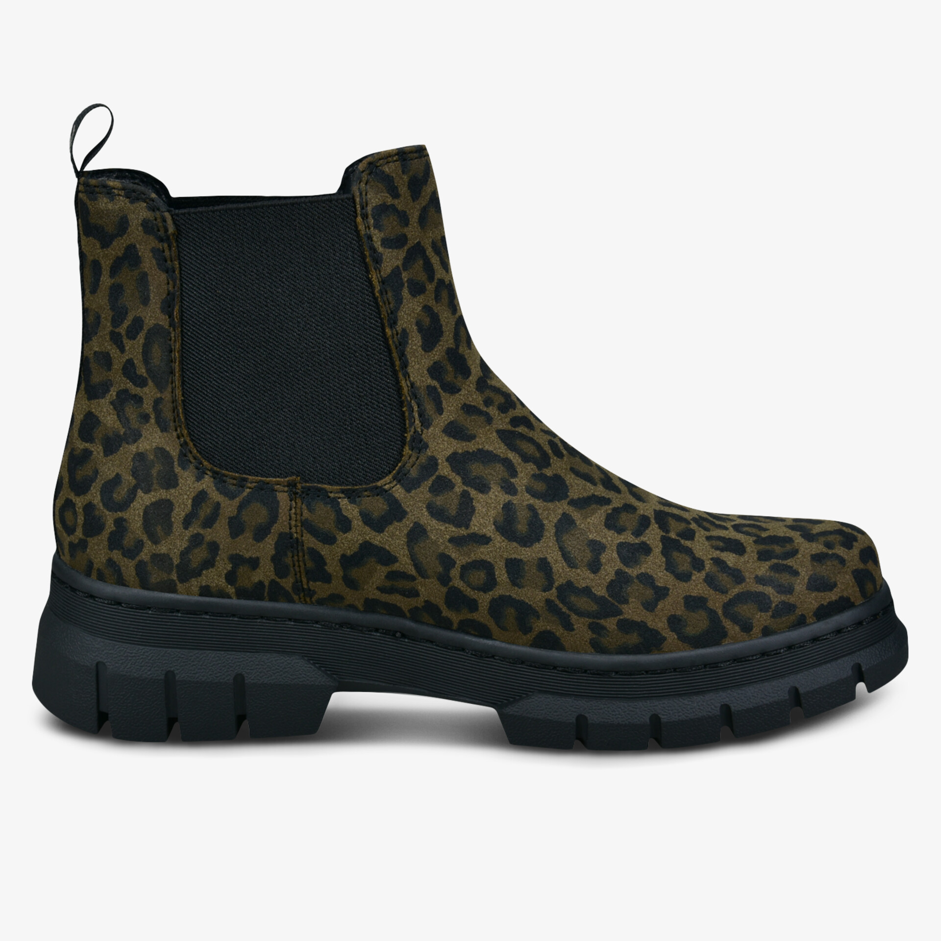 Seitliche Ansicht des robusten Chelsea Boots mit elastischen Einsätzen und griffiger Sohle im trendigen Leoprint