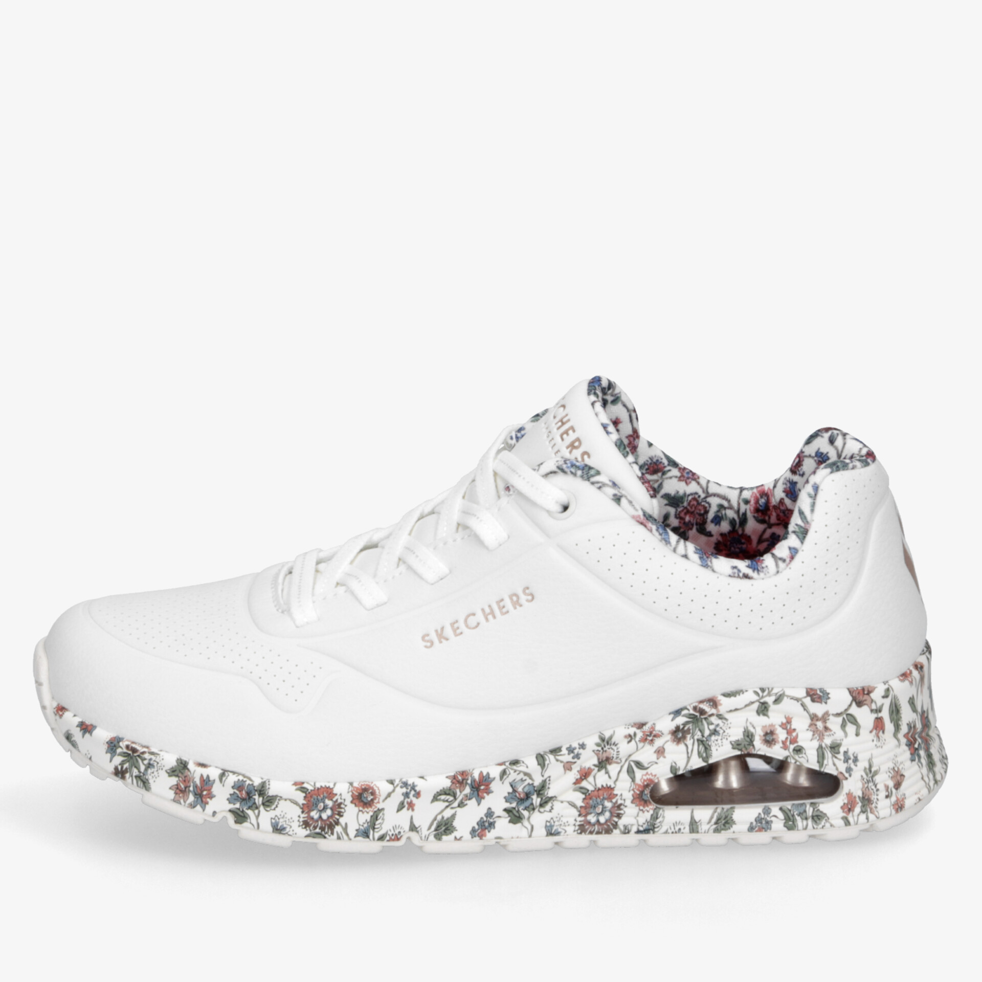 Weißer Sneaker mit floralem Muster, bequeme und leichte Sohle, sportlich und modisch, seitliche Ansicht