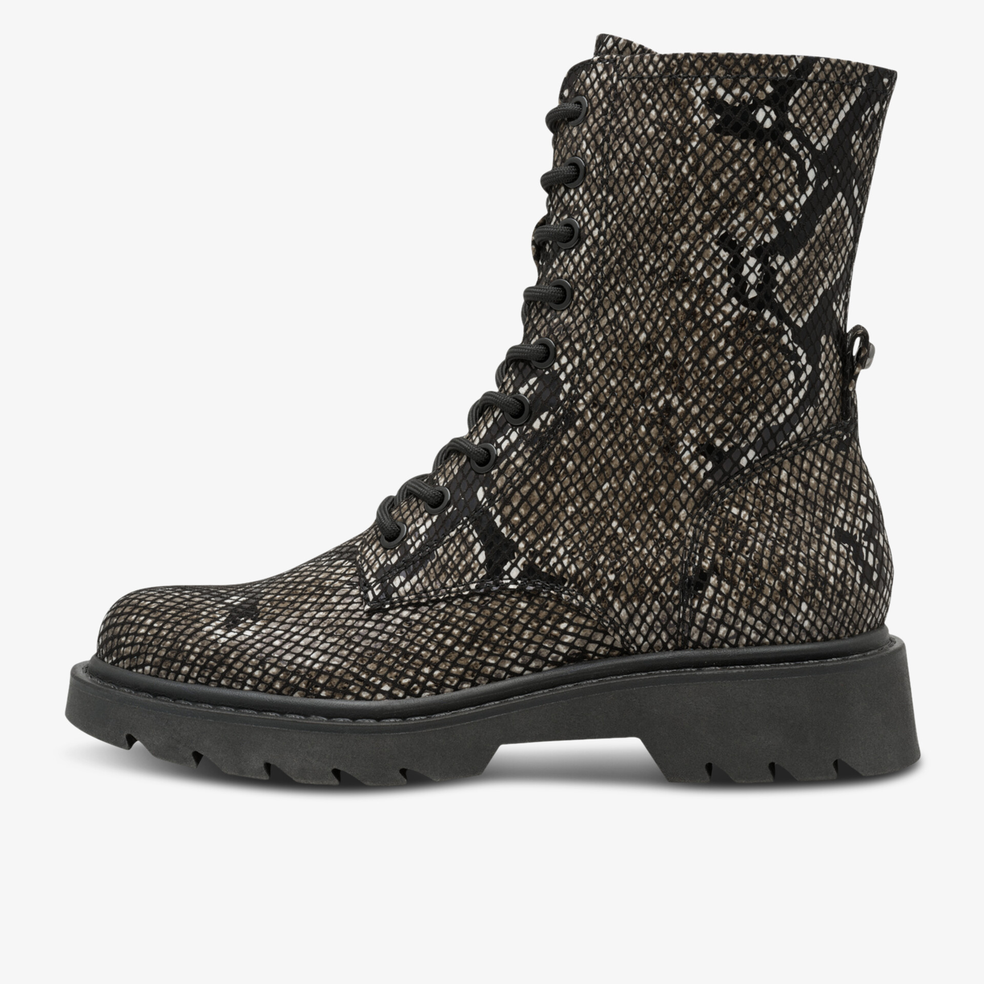 Robuster Schnürstiefel mit kettenmuster und profilsohle in metallischem look, seitliche ansicht