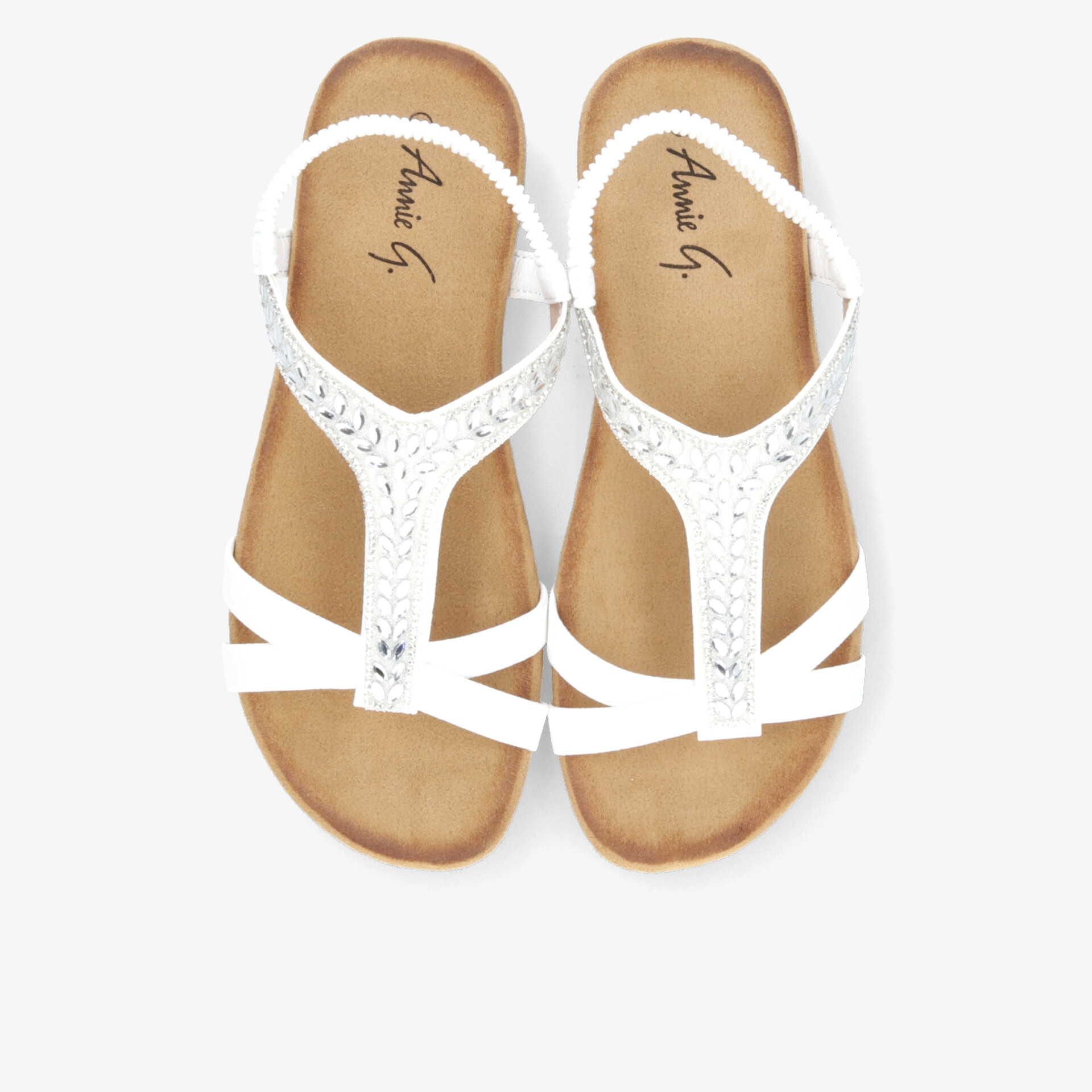 Weißes Sandalenpaar mit funkelnden Strasssteinen, verstellbaren Riemen und bequemer sommerlicher Passform