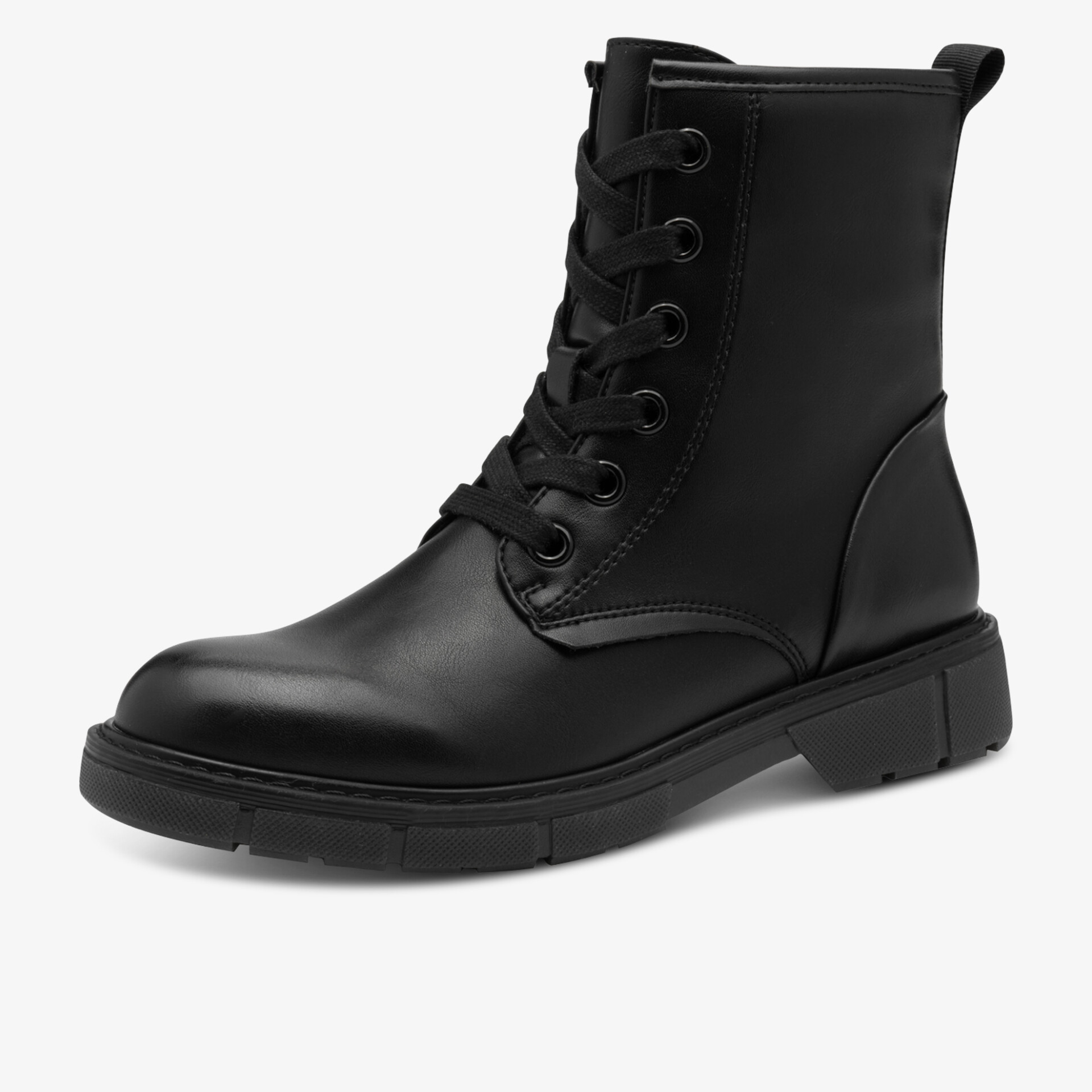 Schwarzer Schnürstiefel aus glattem Leder mit robuster, rutschfester Sohle und modernem Design