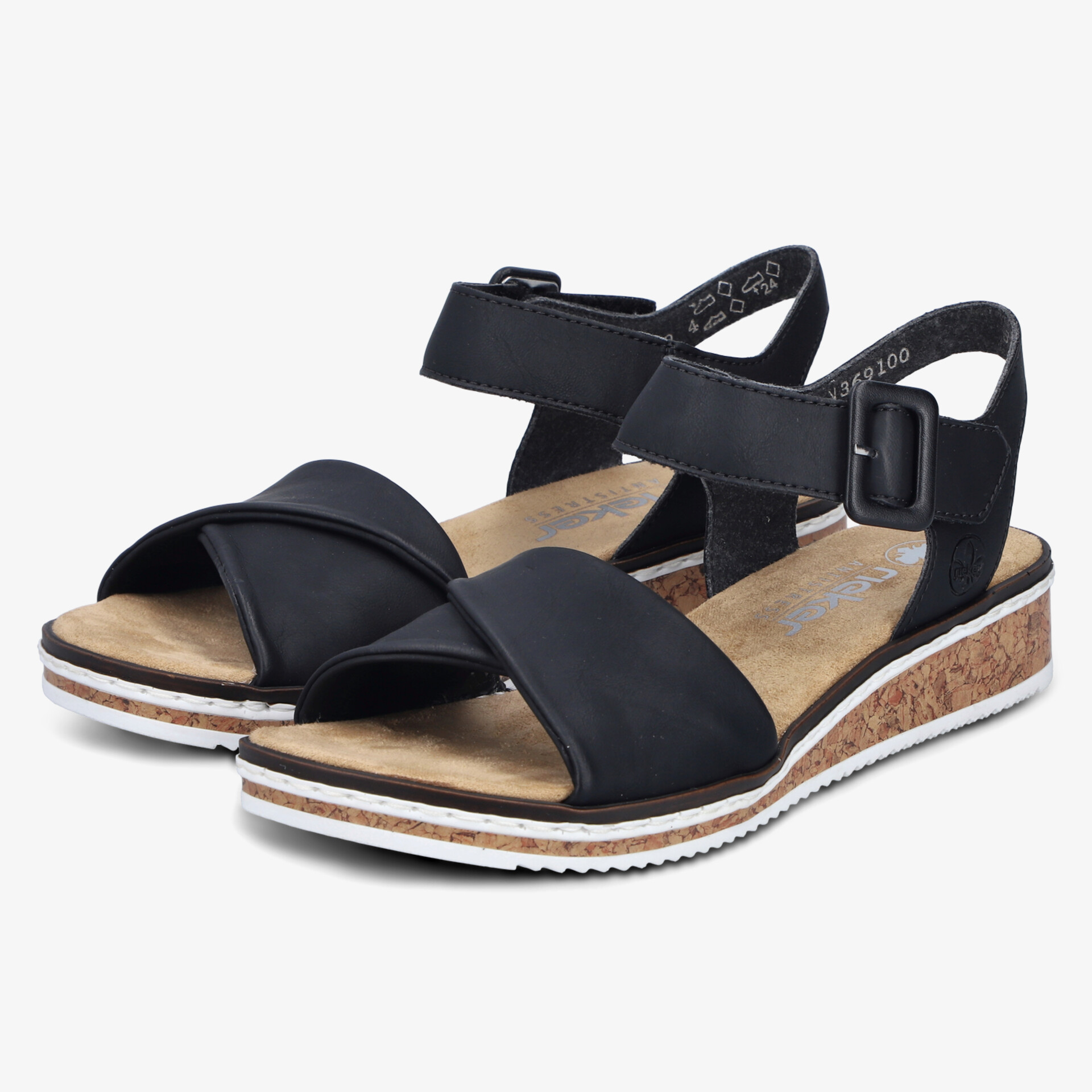 Schwarze Sandalen mit verstellbarem Riemen und bequemer Kork-Sohle für hohen Tragekomfort