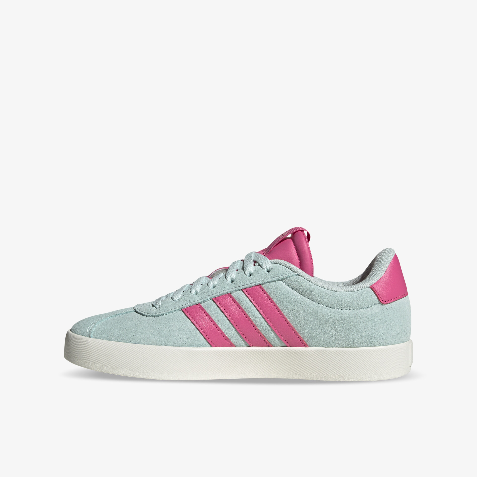 Seitliche Ansicht eines sportlichen, bequemen türkis-pinken Adidas Sneakers mit modernem Design und leichter Konstruktion