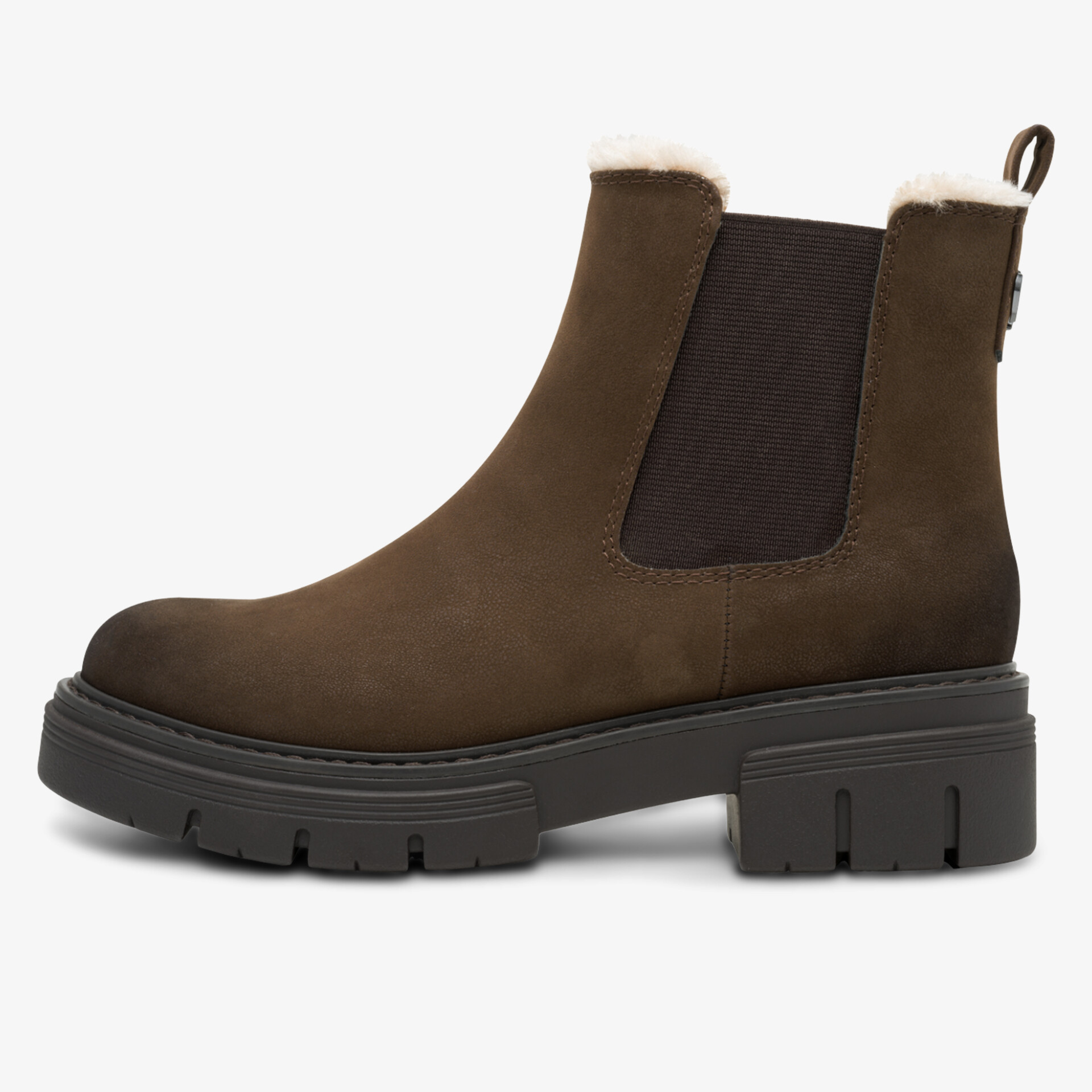Seitliche Ansicht robuster Chelsea Boot aus braunem Leder mit warmem Innenfutter und rutschfester Profilsohle