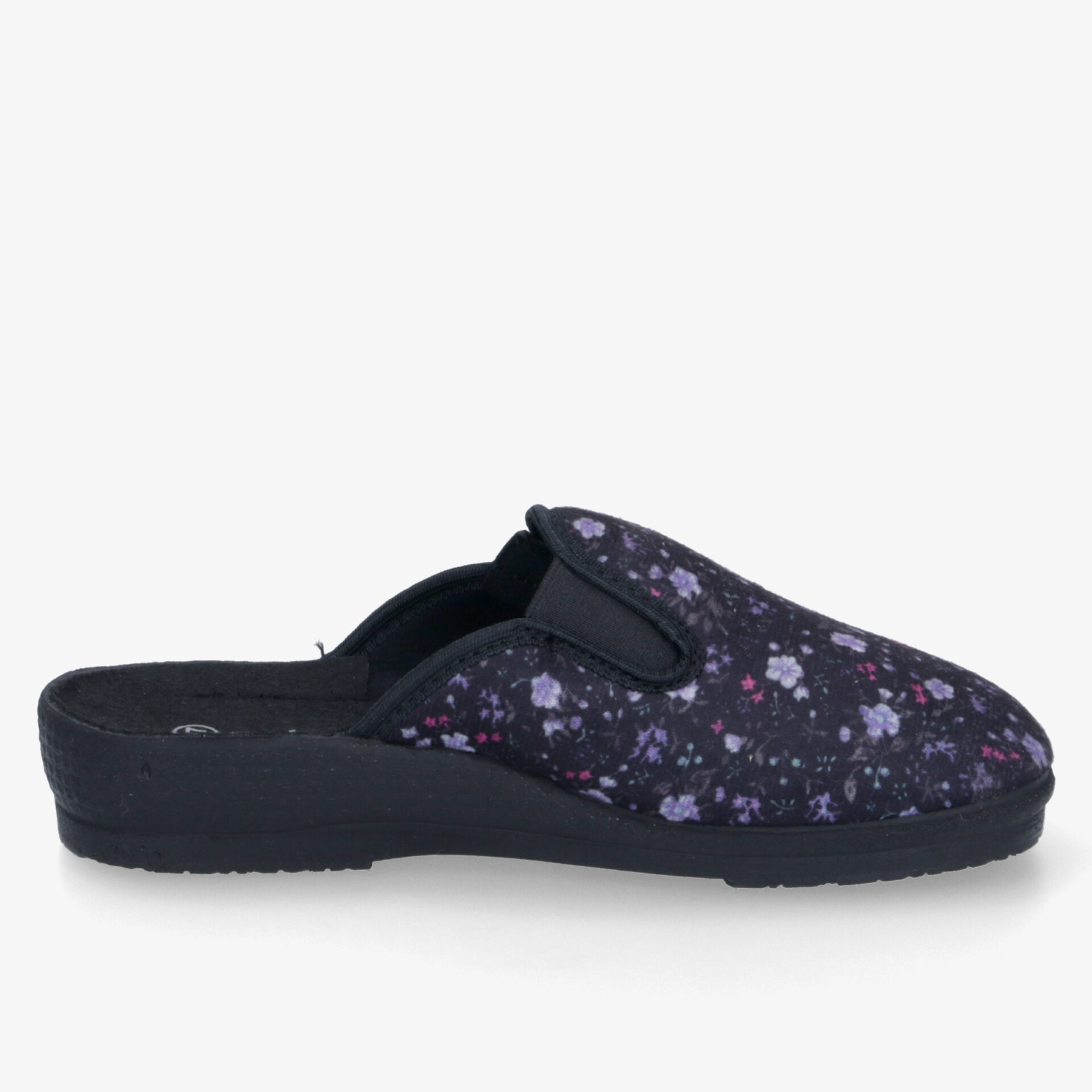 Bequemer Hausschuh mit floralem Muster, rutschfeste Sohle und weichem Innenfutter, seitliche Ansicht