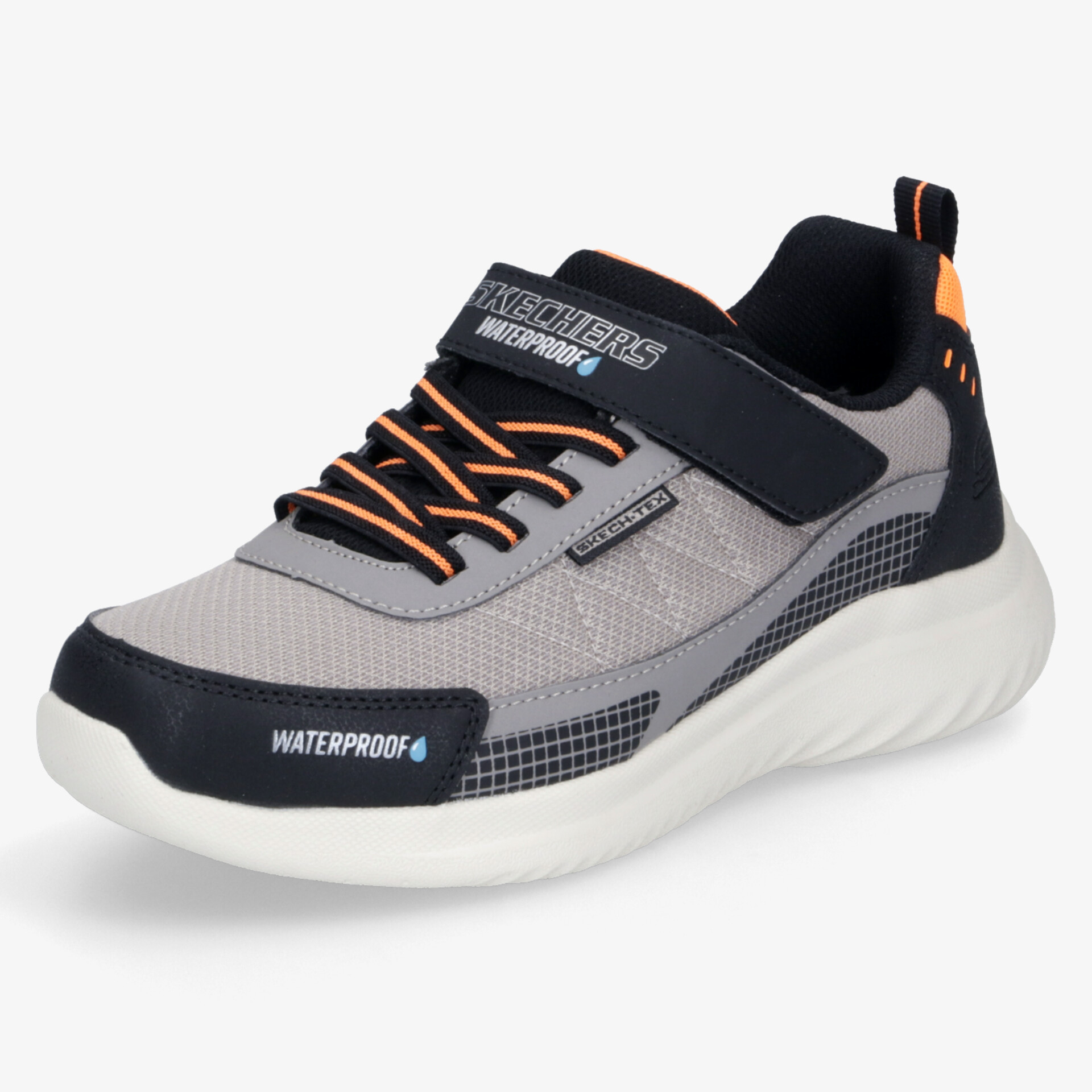 Wasserdichter Sportschuh in grau mit schwarzer Sohle, elastischen Schnürsenkeln und Klettverschluss für optimalen Halt