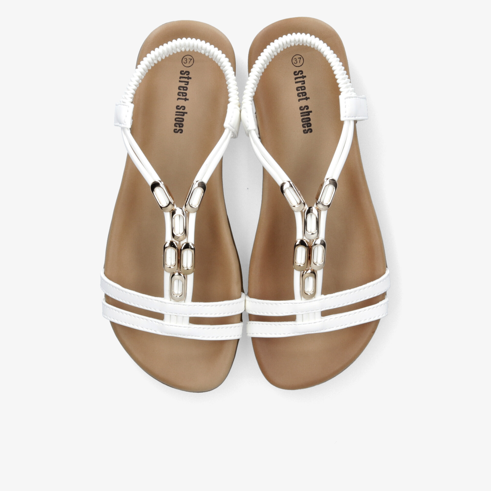 Weiße Sandalen mit bequemen Fußbett und metallischer Verzierung, ideal für sommerlichen und lässigen Stil
