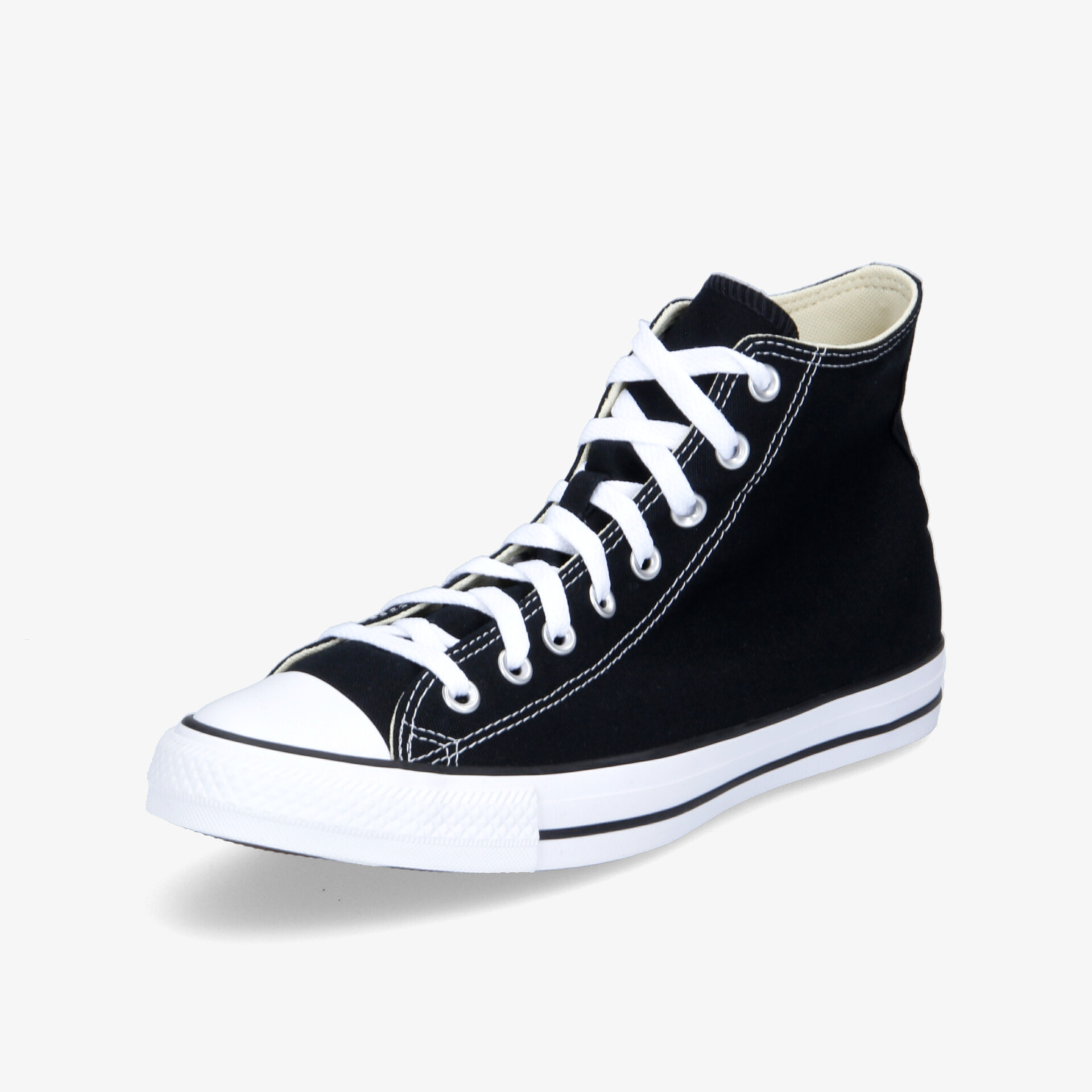 Schwarzer High-Top-Sneaker mit Canvas-Obermaterial und weißer Gummisohle im zeitlosen Design.