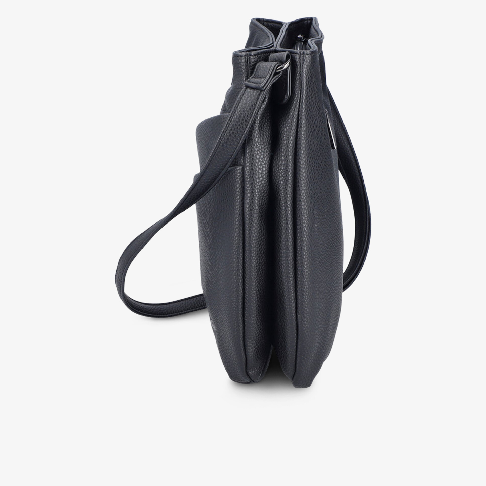 Schmale schwarze Tasche aus Kunstleder mit Reißverschluss und verstellbarem Schulterriemen, praktische Alltagslösung