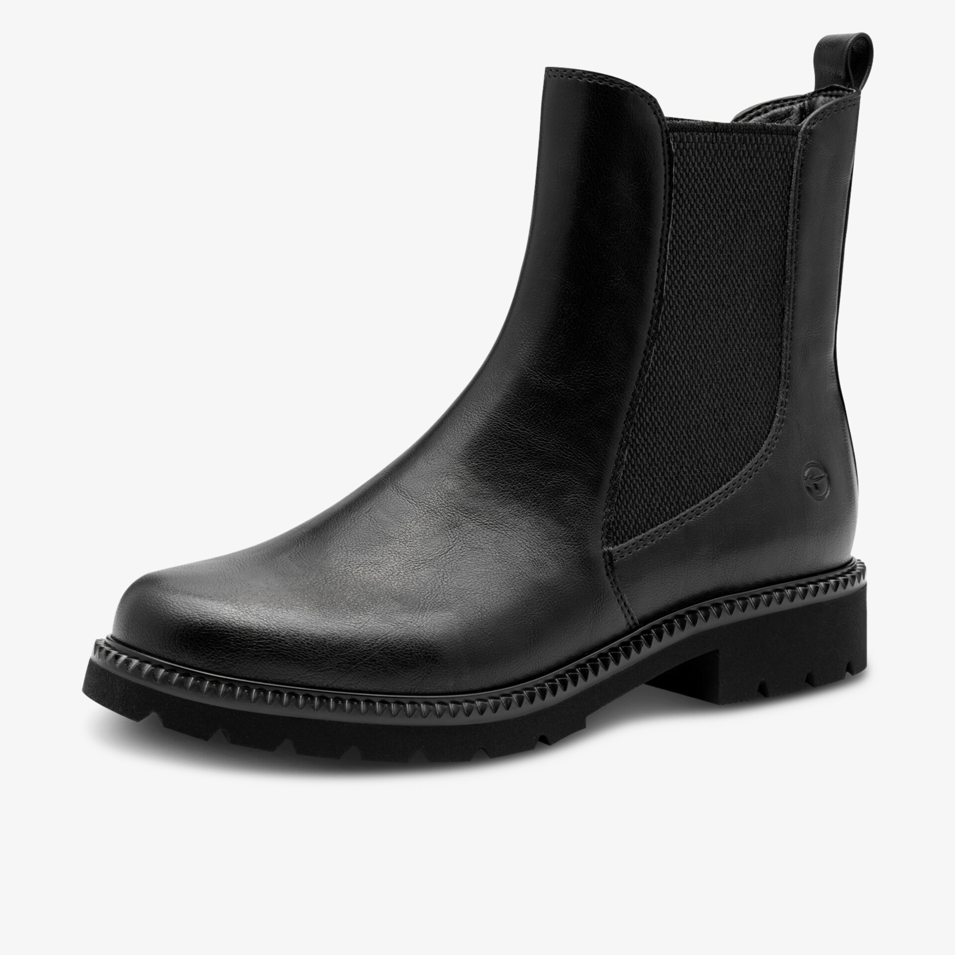 Eleganter schwarzer Stiefel aus glattem Leder mit elastischem Einsatz und robustem Absatz