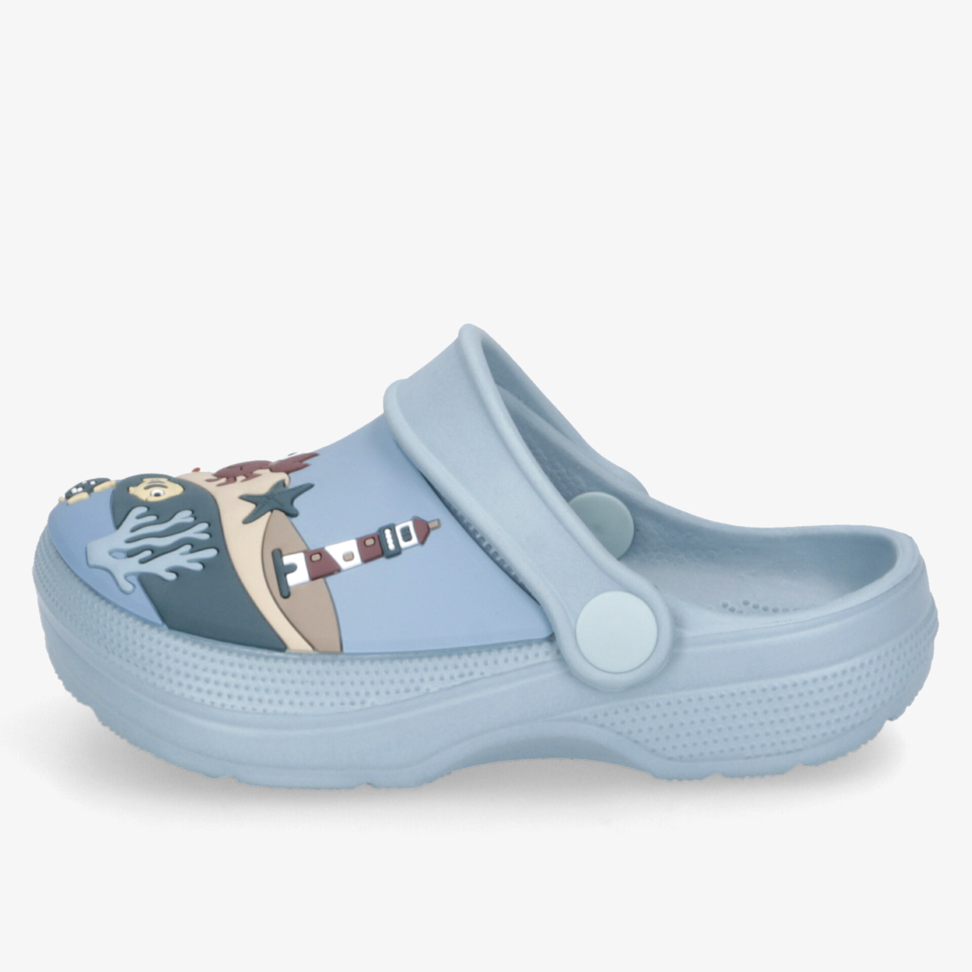 Blaue Clogs mit maritimen Motiv, ideal für Komfort und Halt im Alltag.
