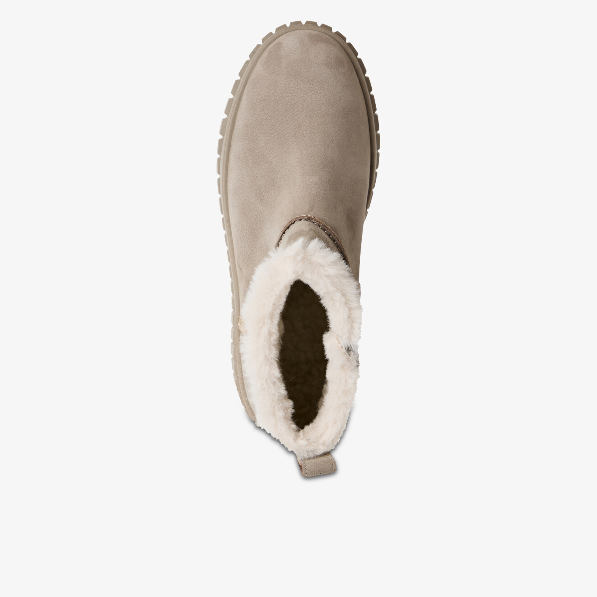 Obere Draufsicht auf einen warmen, bequemen Schuh mit flauschigem Innenfell und guter Sohle