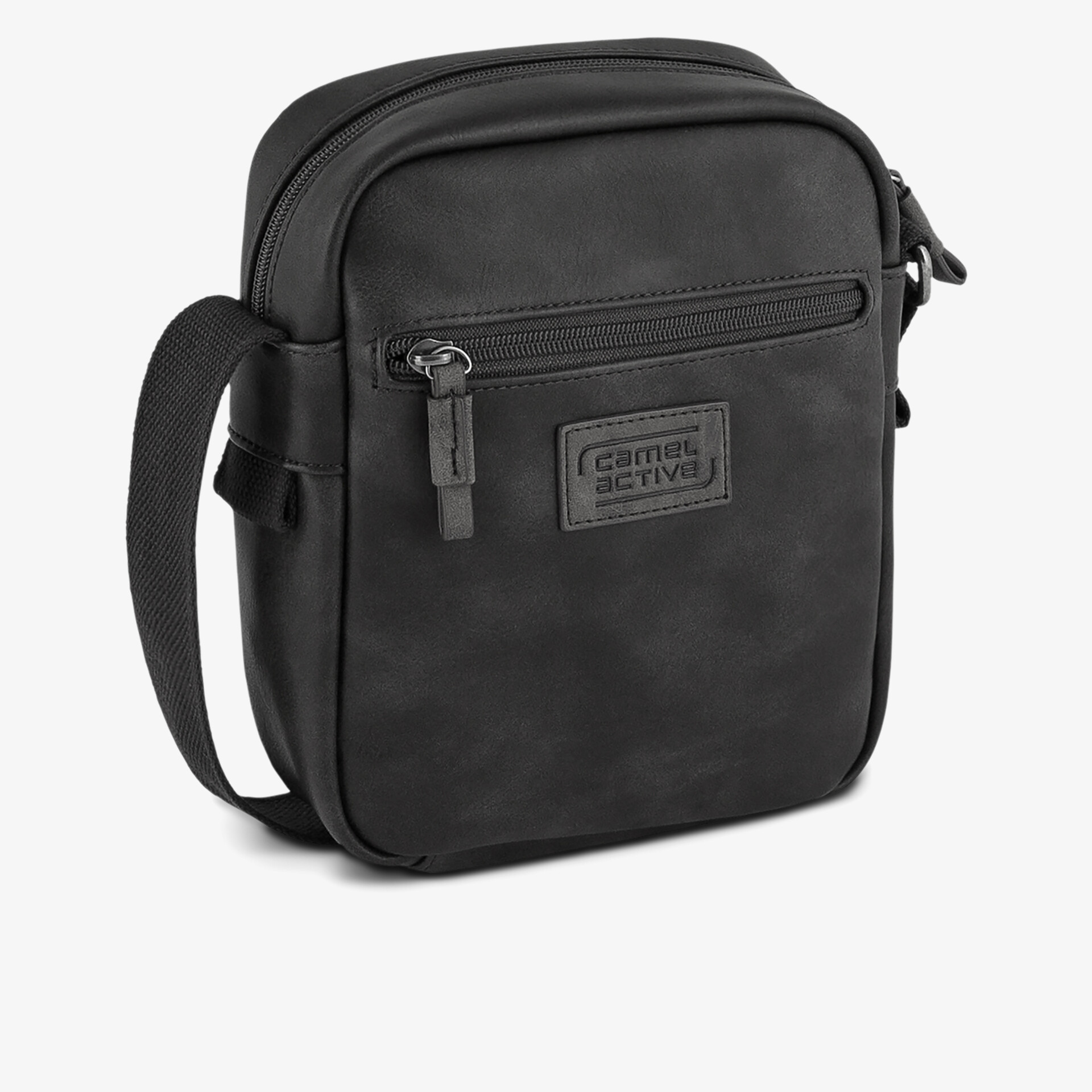 Schwarze kompakte Umhängetasche mit Reißverschlussfach und verstellbarem Schulterriemen in schlichtem Design