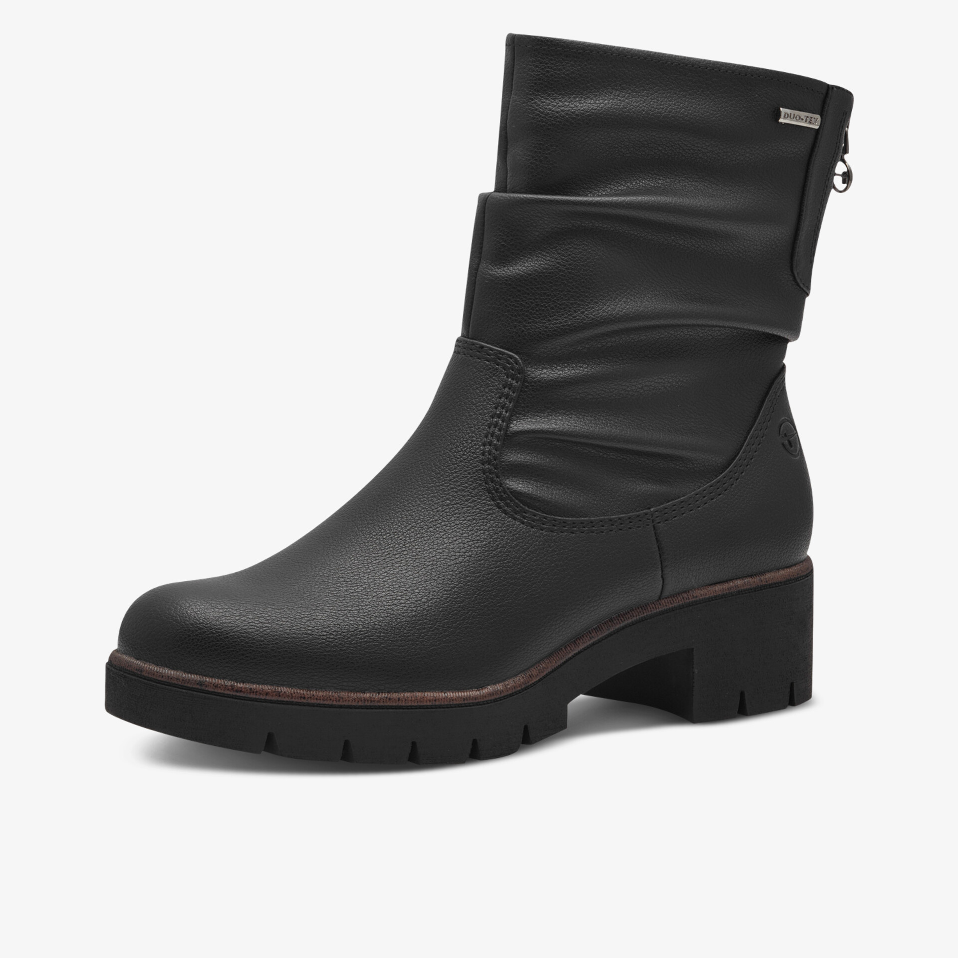 Schwarzer Stiefel mit mittelhohem Absatz und Reißverschluss, weiches Material für komfortables Tragen