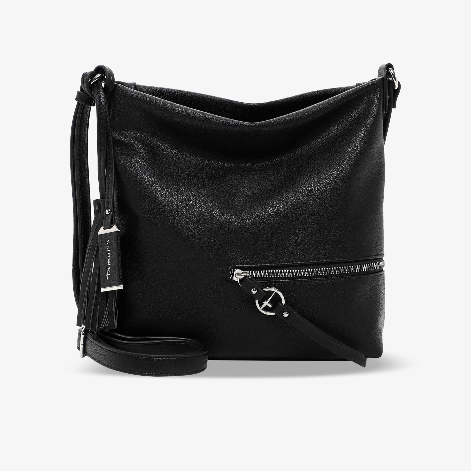 Schwarze modische Umhängetasche mit Reißverschluss, komfortablem Tragegurt und elegantem Design für vielseitige Nutzung