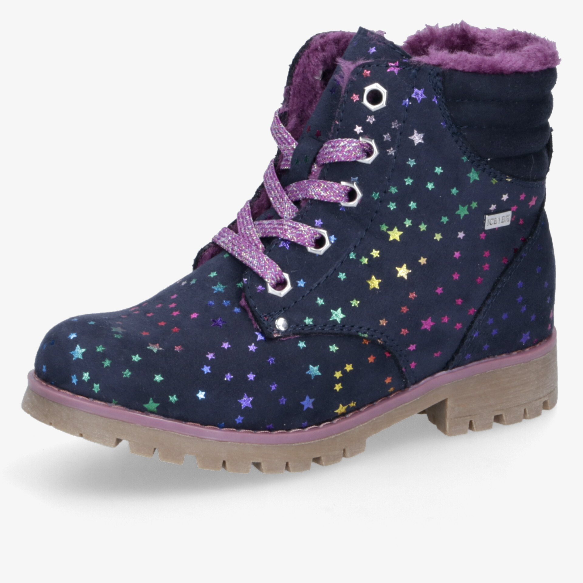 Modischer Boot mit Sternenmuster, flauschigem Innenfutter und robuster Sohle. Ideal für kalte Tage.