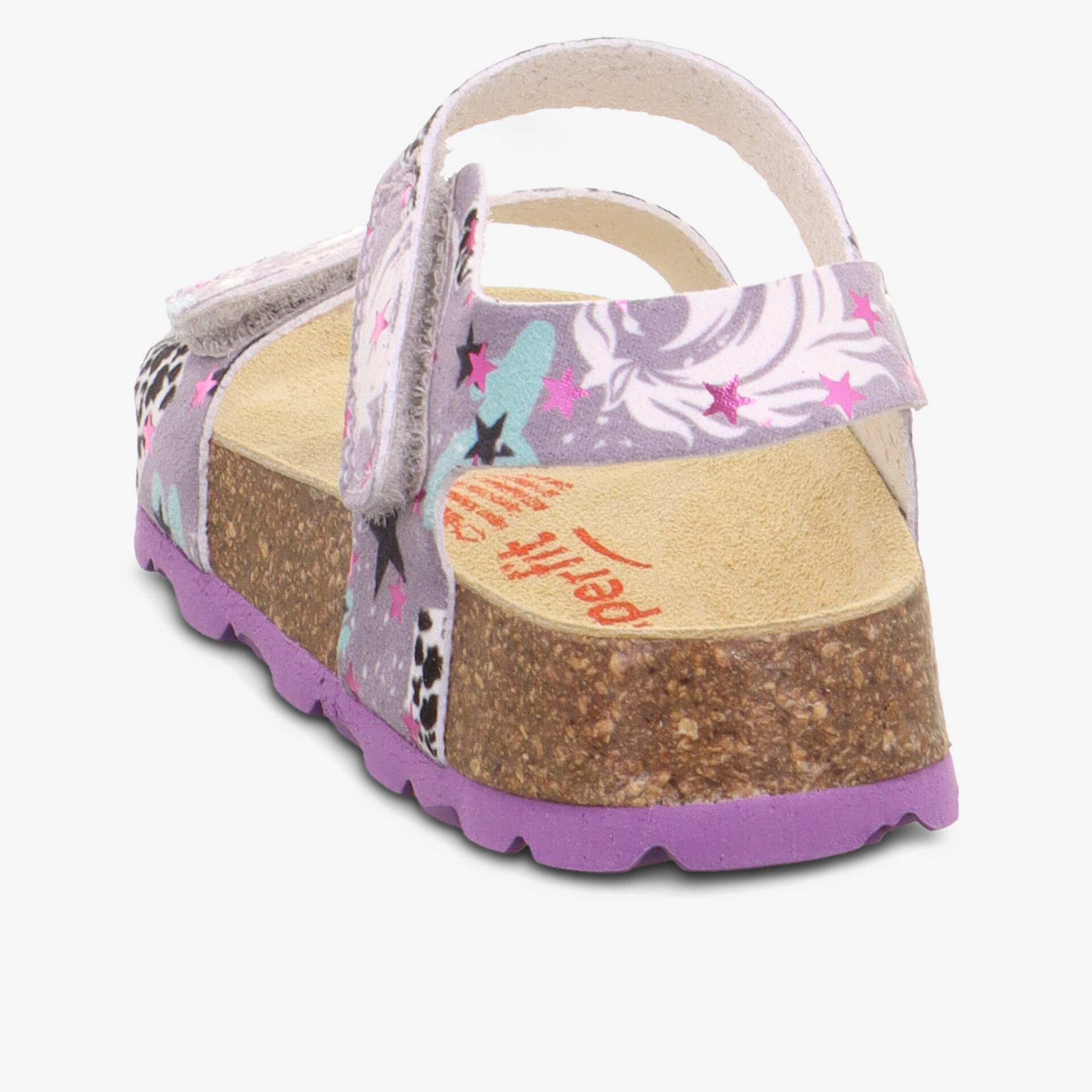 Bequeme Sandale mit verstellbarem Riemen, weichem Fußbett und farbenfrohem Muster auf langlebiger Korksohle