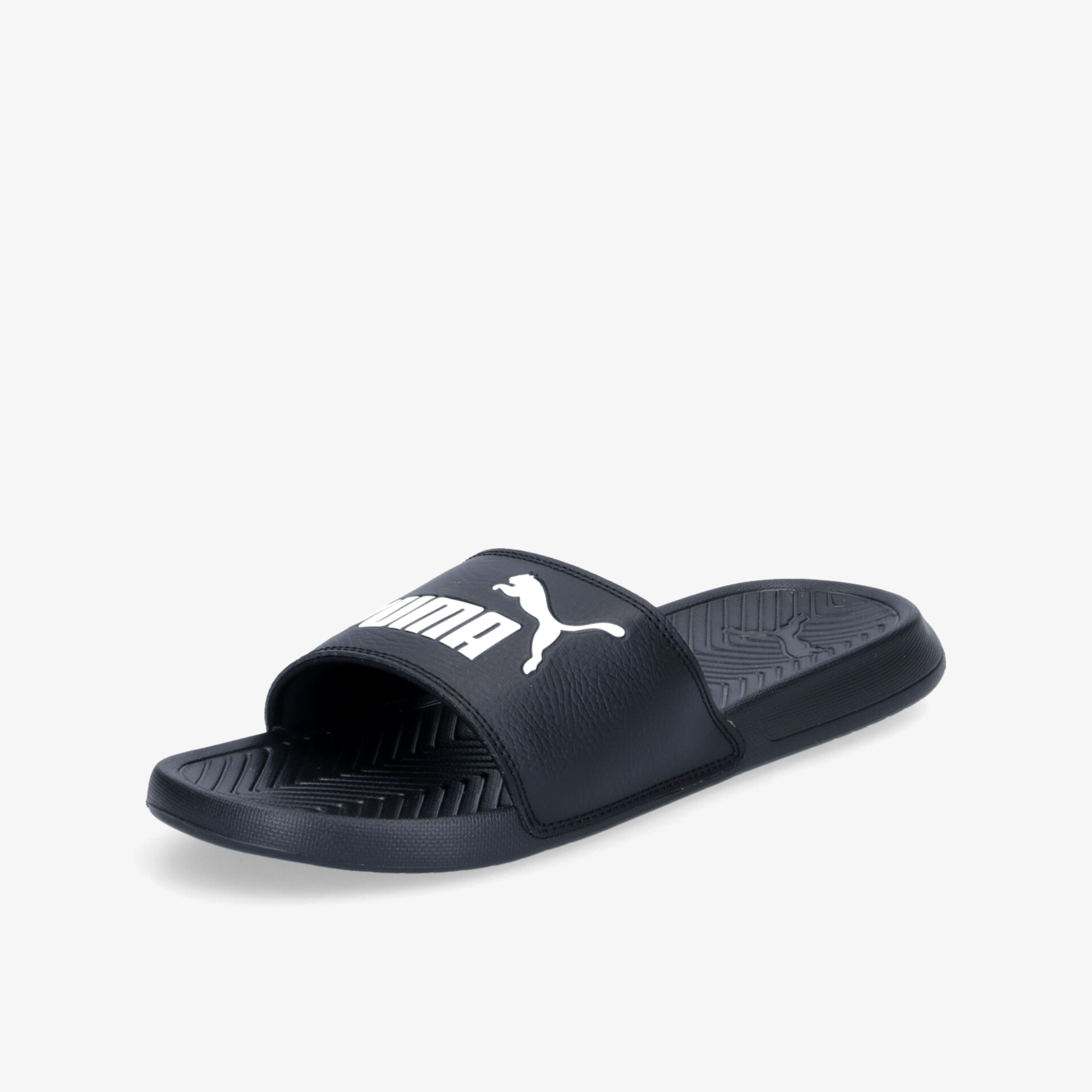 Stylische schwarze Sandalen mit komfortabler Passform und markantem Logo-Design, ideal für Freizeit und Entspannung.