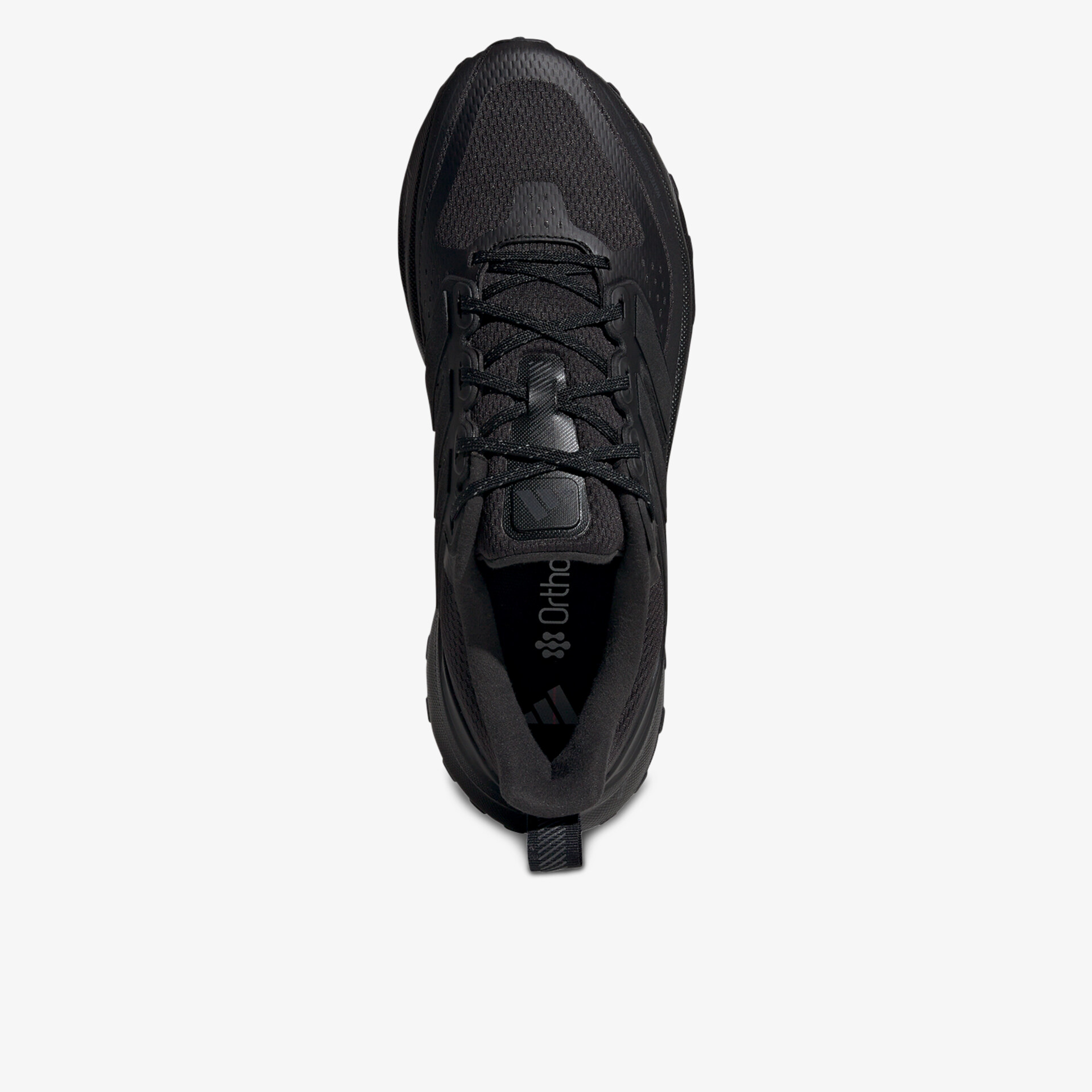 Schwarzer Sportschuh mit atmungsaktivem Obermaterial und bequemer Passform in Draufsicht