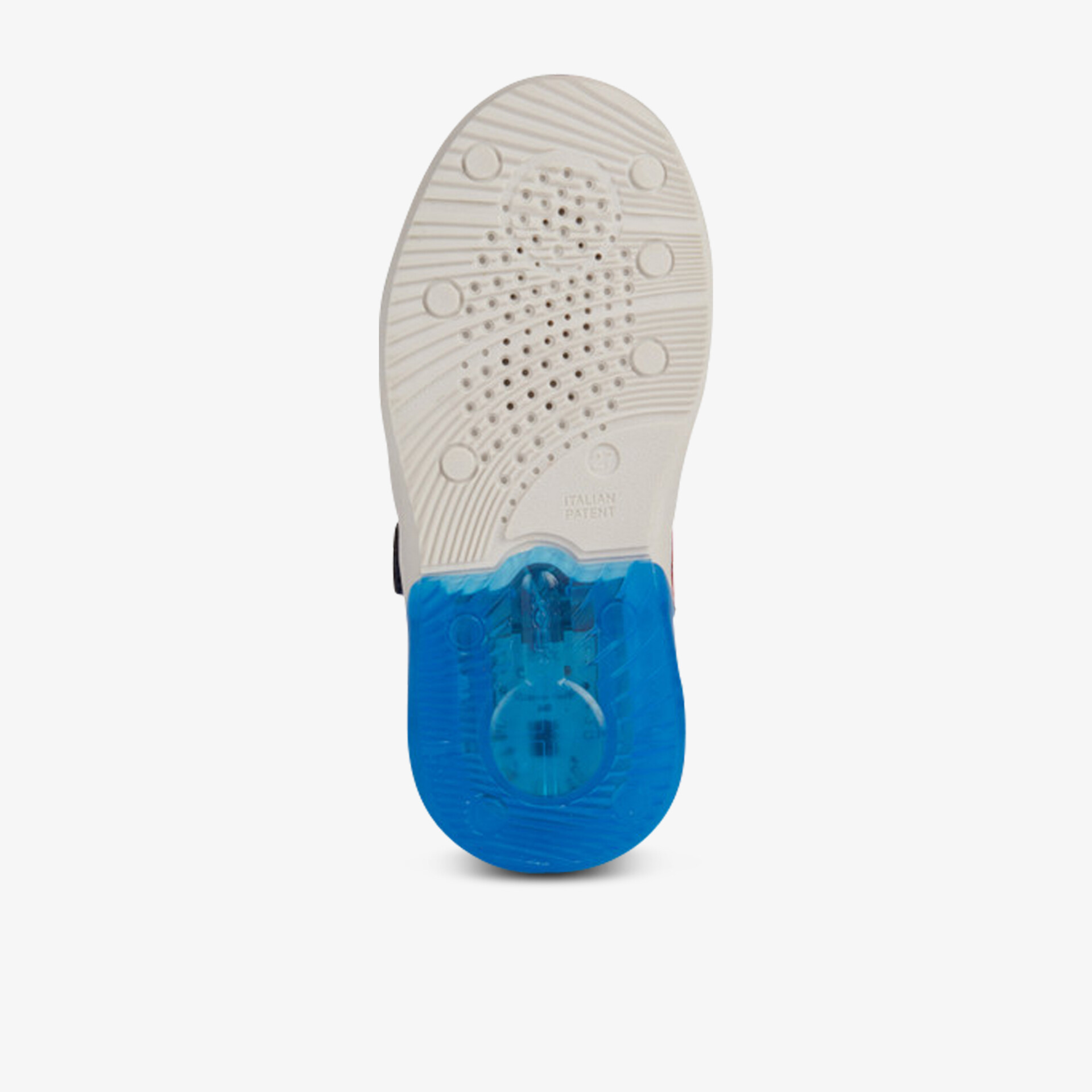 Robuste Schuhsohle mit blauer Dämpfung für optimalen Komfort und Rutschfestigkeit bei jedem Schritt.