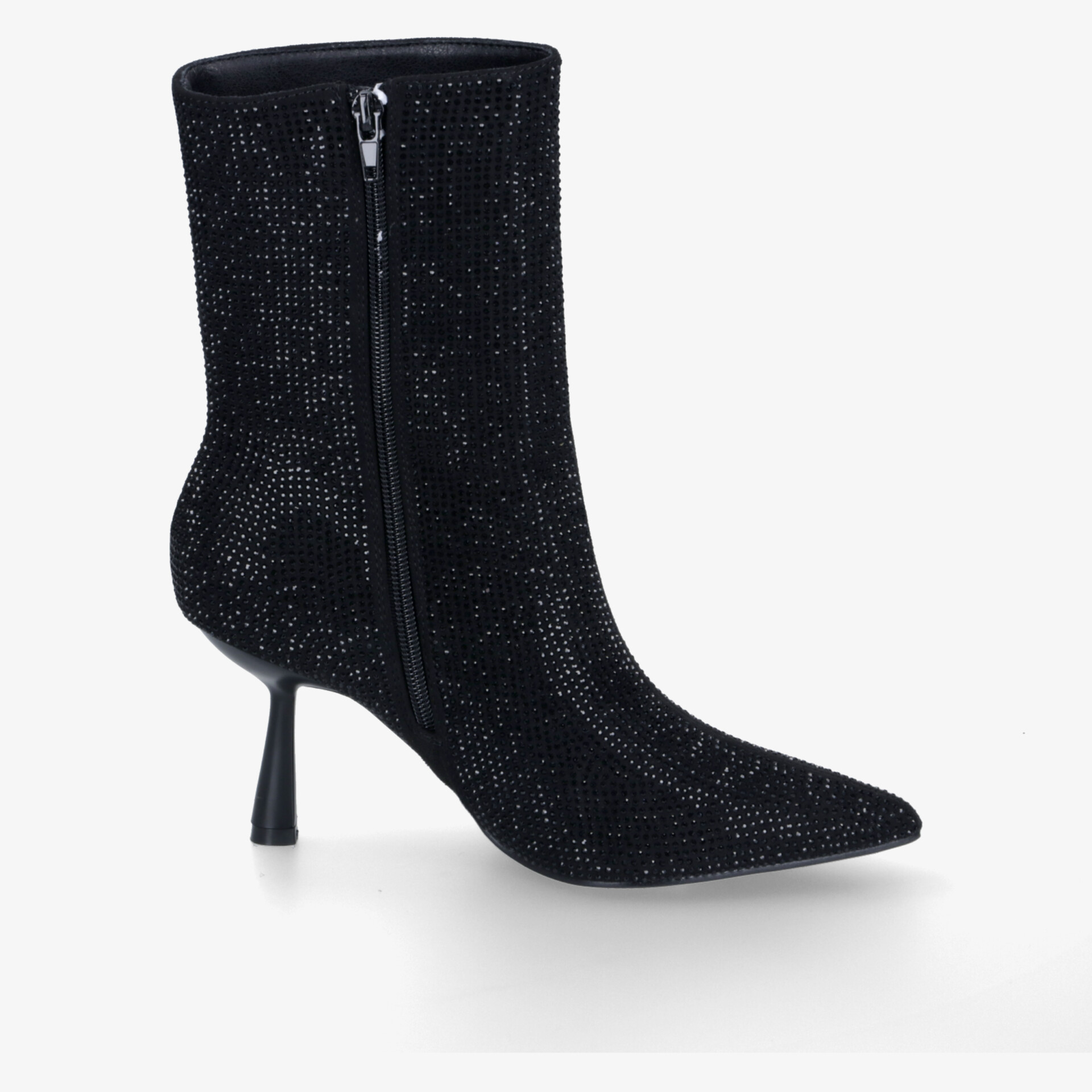 Eleganter schwarzer Stiefel mit funkelnder Oberfläche und schlankem Stiletto-Absatz. Perfekt für besondere Anlässe.