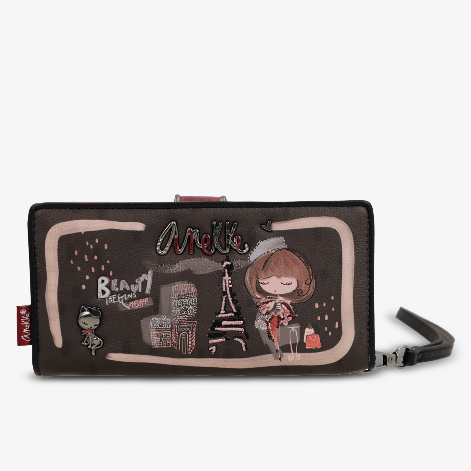 Schwarzes Portemonnaie mit Reißverschluss und detailreichem, illustrativem Motiv, kompaktes und funktionales Design