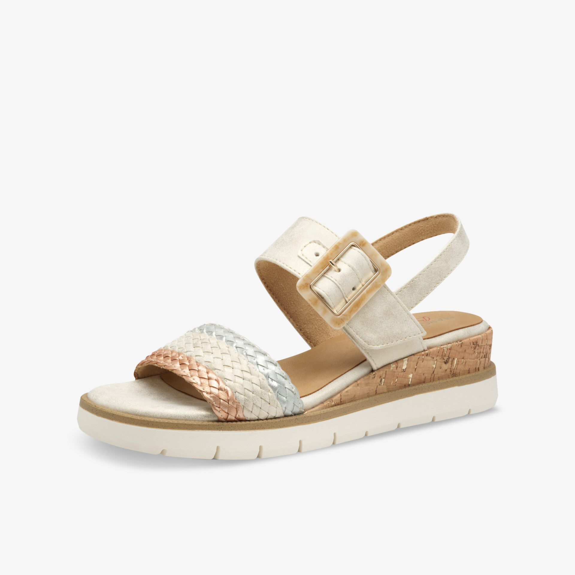 Beige Sandalette mit Korksohle, verstellbarem Riemen und großem Verschluss, komfortabel und leicht für den Sommer