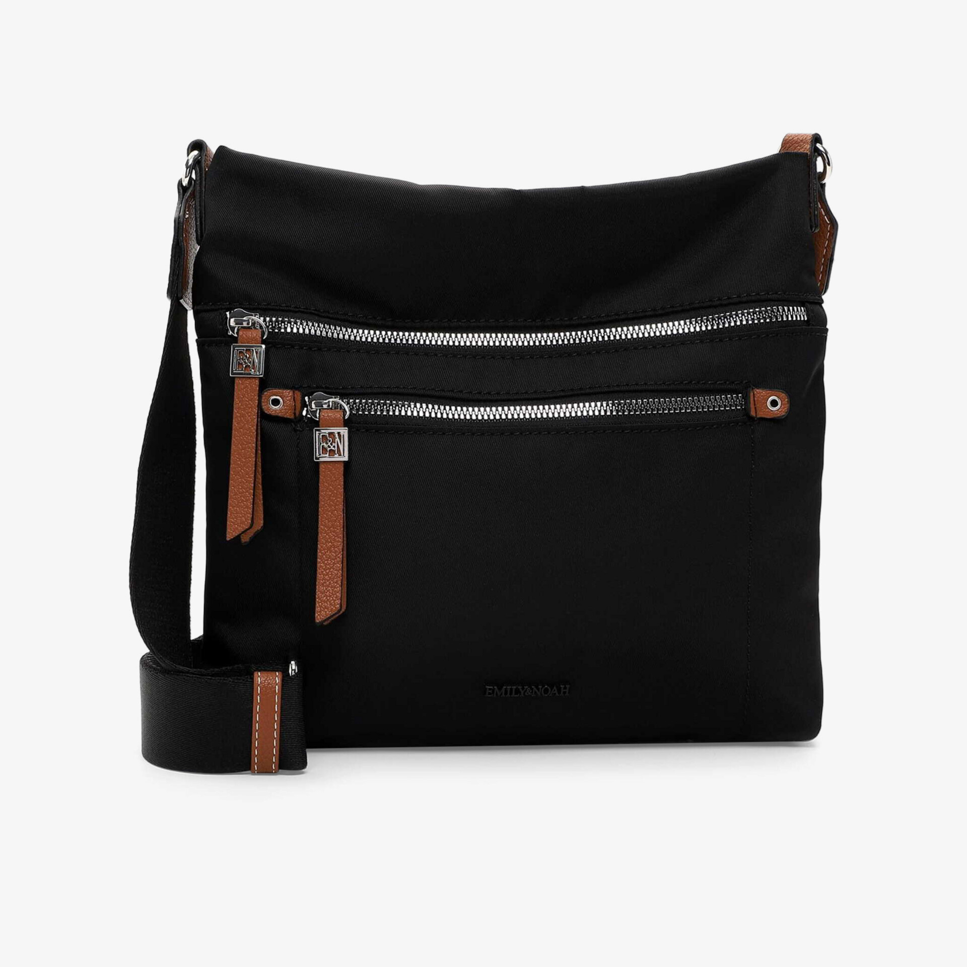 Schwarze Umhängetasche mit mehreren Reißverschlüssen und verstellbarem Trageriemen, modernes und funktionales Design