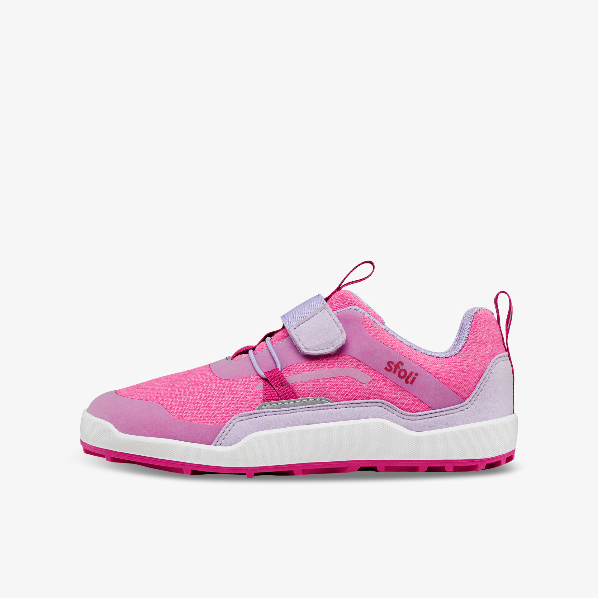 seitlicher Blick auf sportlichen rosa Schuh mit praktischem Klettverschluss und flexibler Sohle