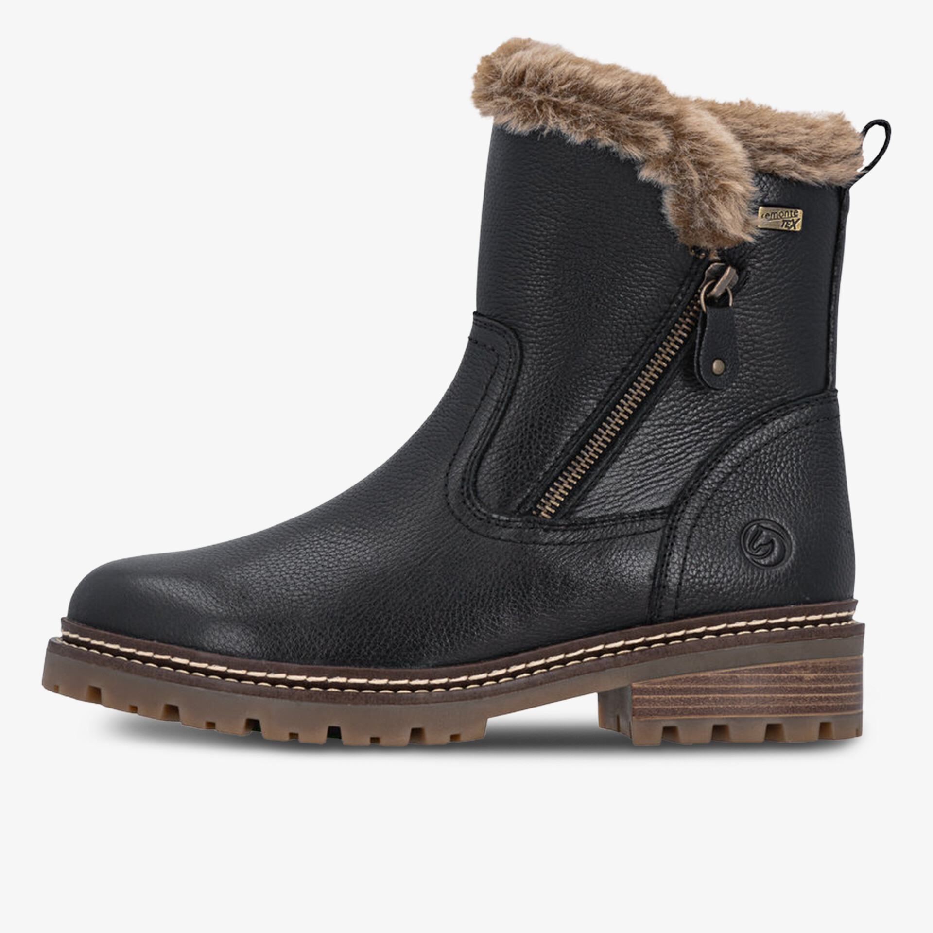 Warmer schwarzer Stiefel mit Fellrand, seitlichem Reißverschluss und profilierter rutschfester Sohle