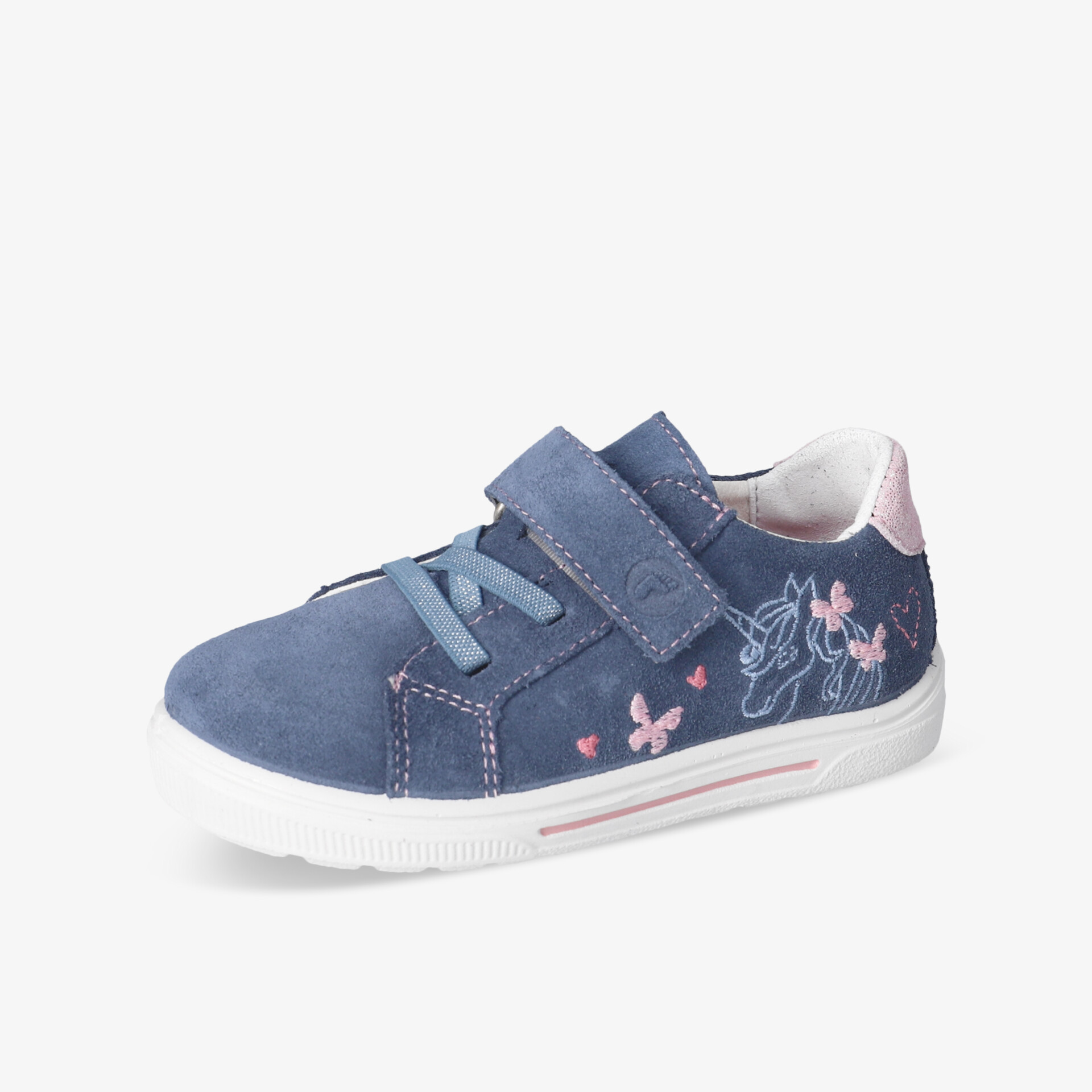 Blauer bequemer Sneaker mit Klettverschluss und floraler Schmetterlings-Verzierung für optimalen Halt und Komfort
