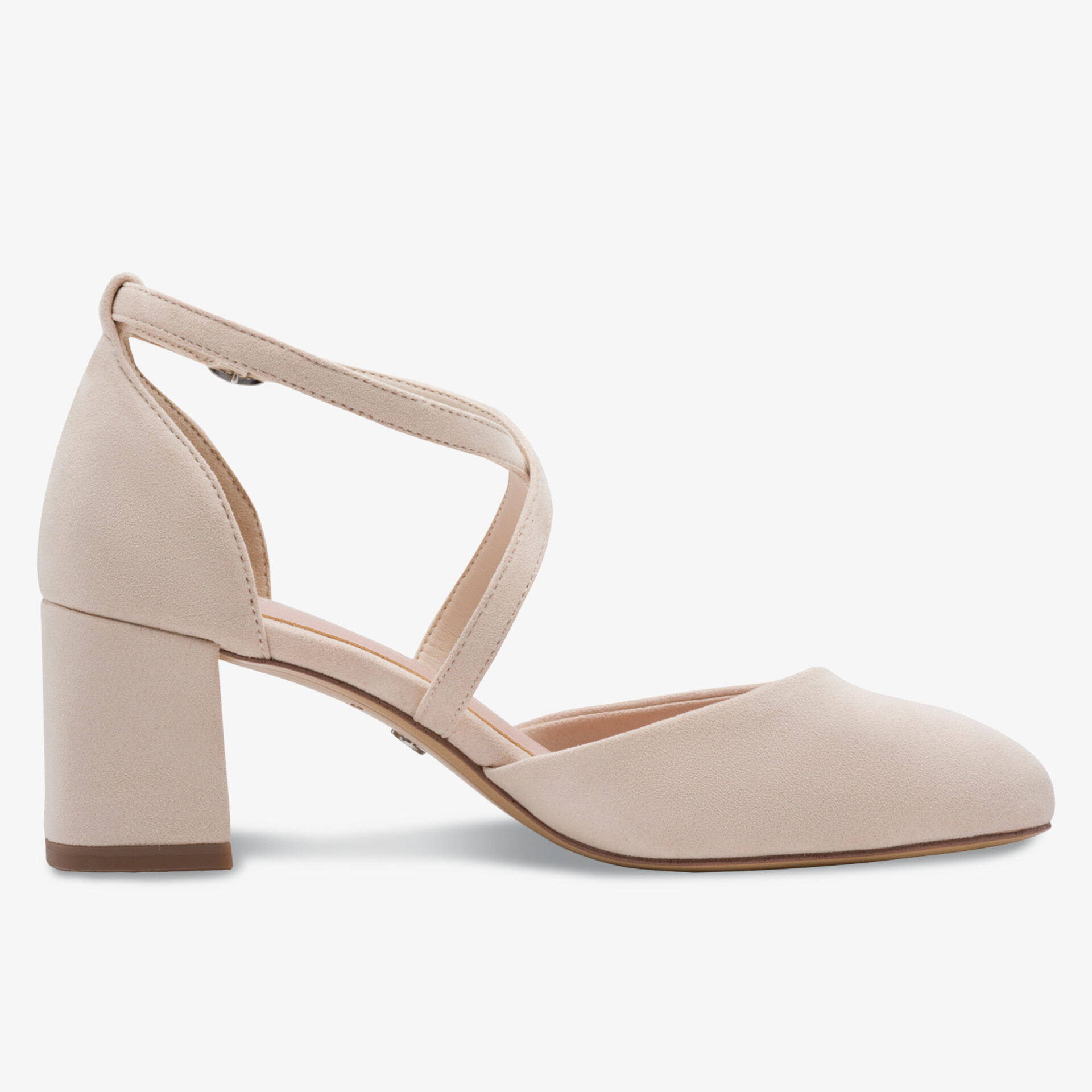 Eleganter Damenschuh mit bequemem Blockabsatz und weichem, pudrigem Riemchendesign