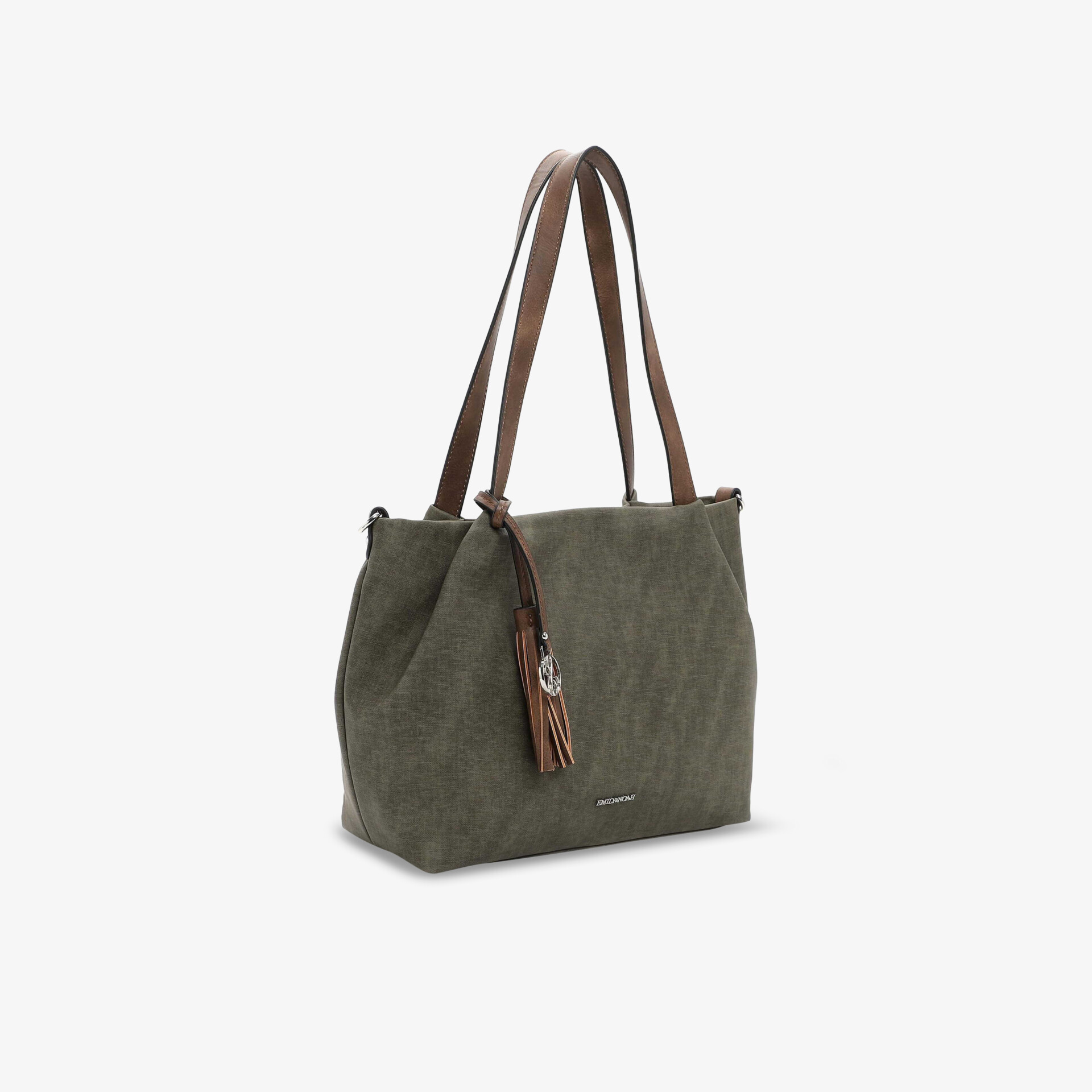 Geräumige Handtasche in Oliv mit robusten braunen Tragegriffen, vielseitig und elegant für jeden Anlass