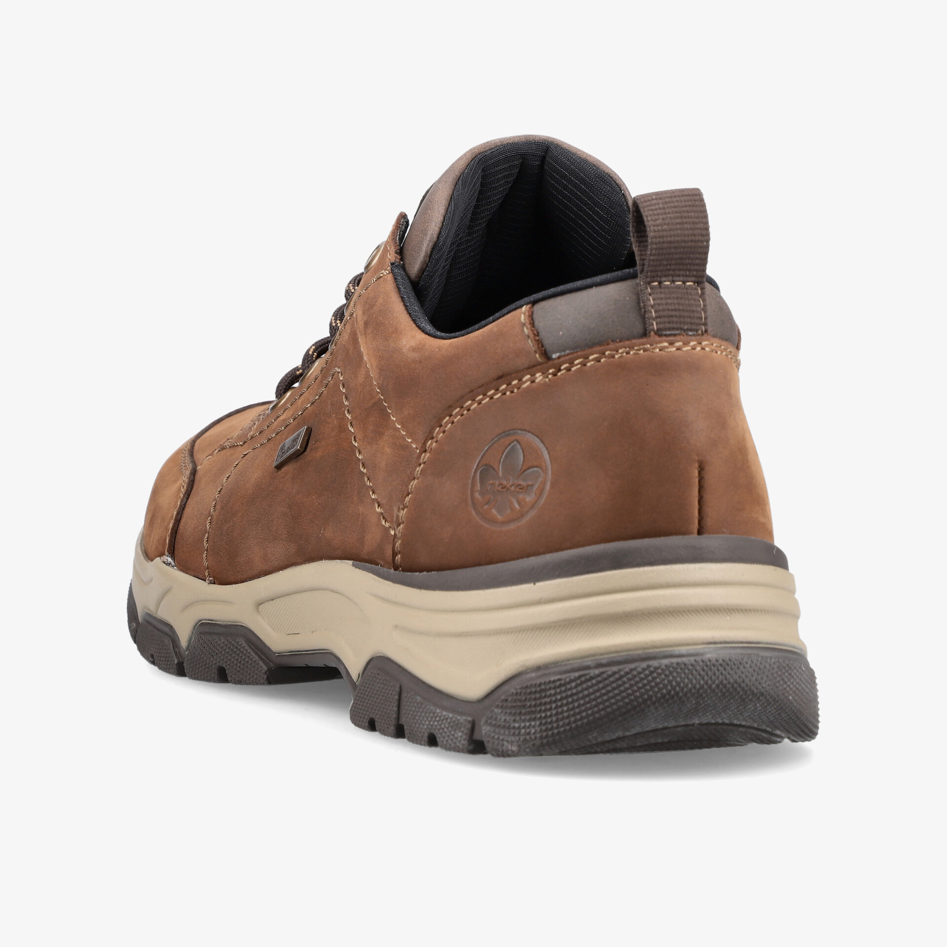 Robuster brauner Wanderschuh aus Leder mit rutschfester Sohle und gepolstertem Schaft, seitliche Ansicht