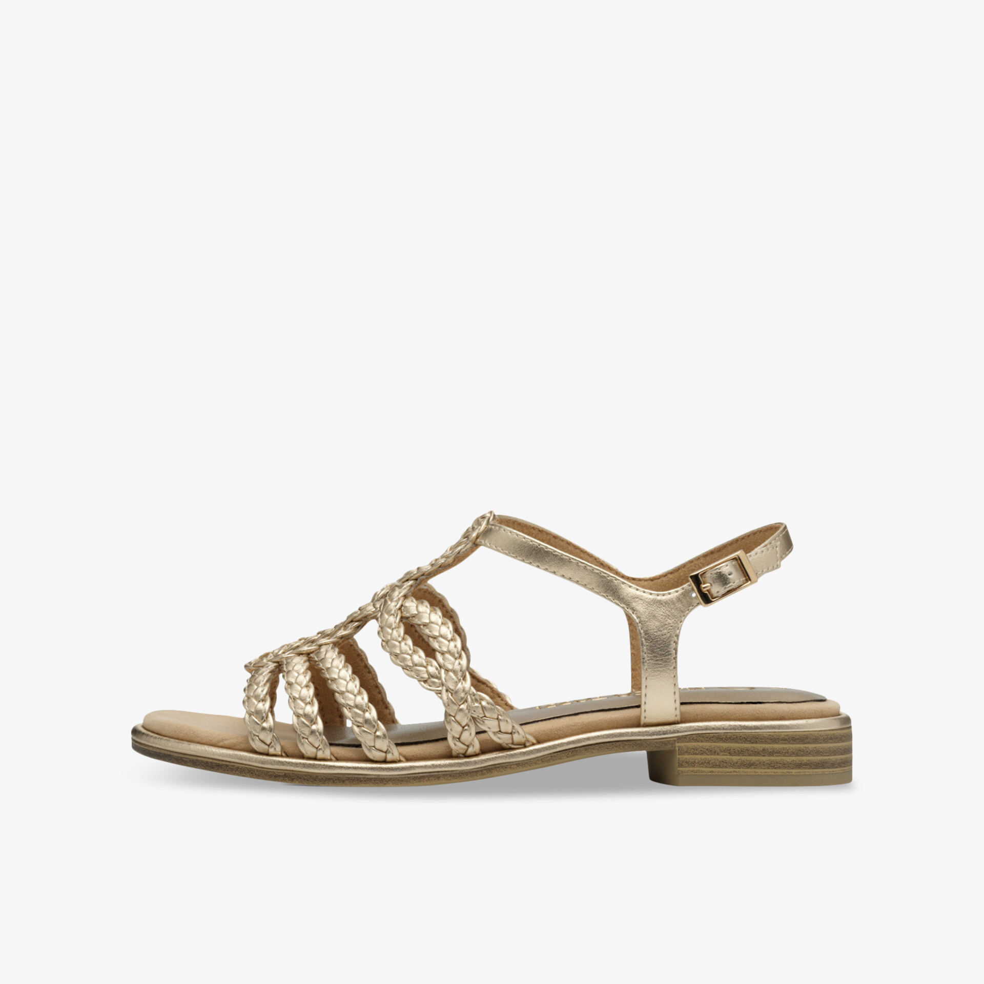 Elegante goldene Sandale mit verstellbaren Riemen und flachem Absatz für bequemen und stilvollen Tragekomfort
