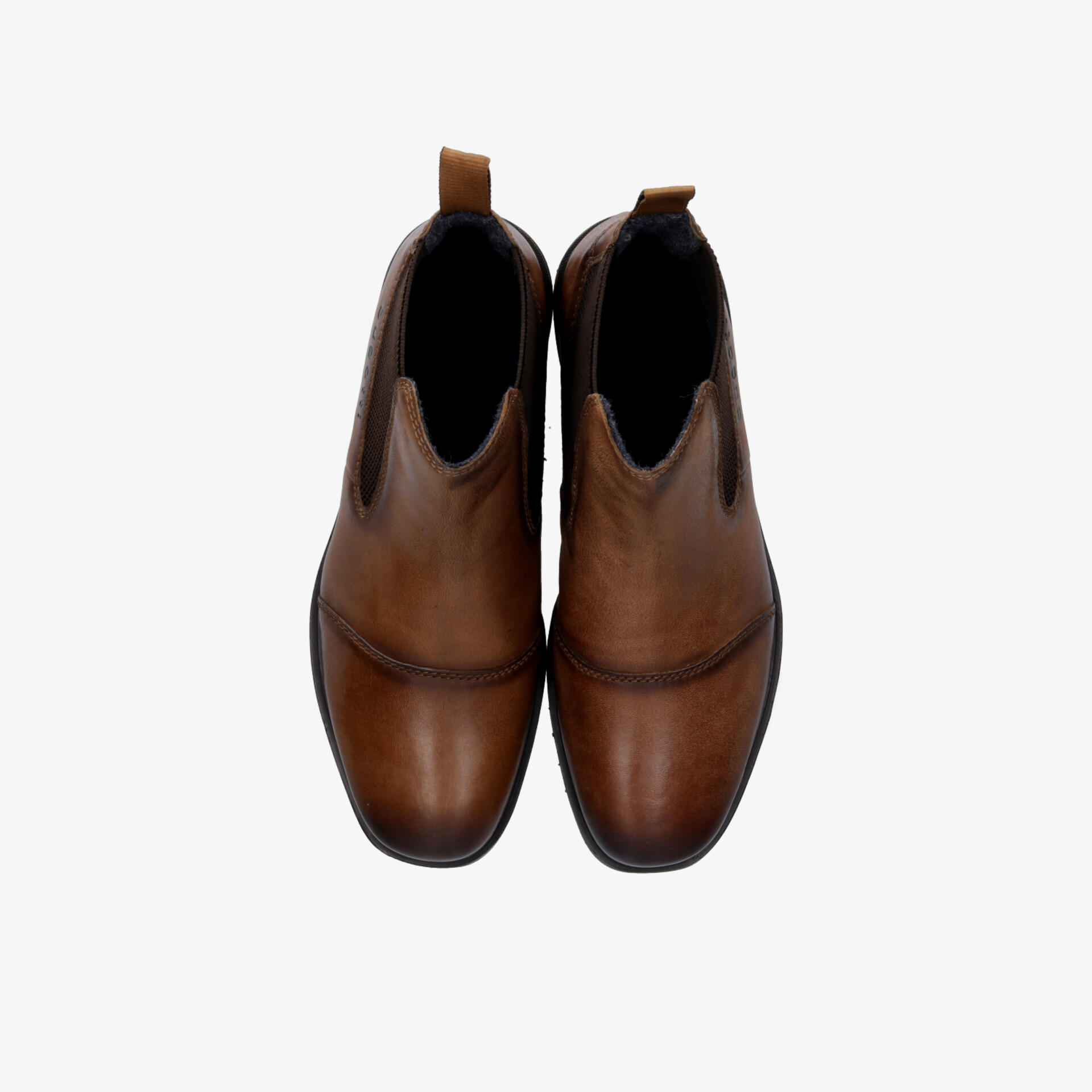 Elegantes Paar brauner Leder-Boots mit robustem Material und bequemer Passform, von oben aufgenommen
