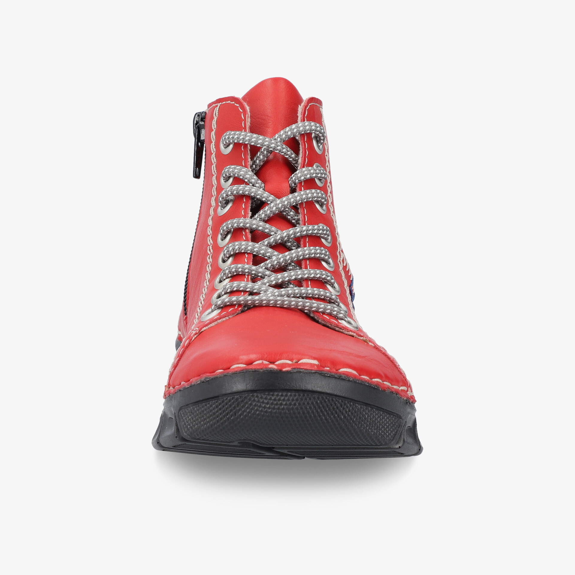 Frontansicht eines robusten und komfortablen roten Schuhs mit rutschfester Sohle und praktischem Reißverschluss