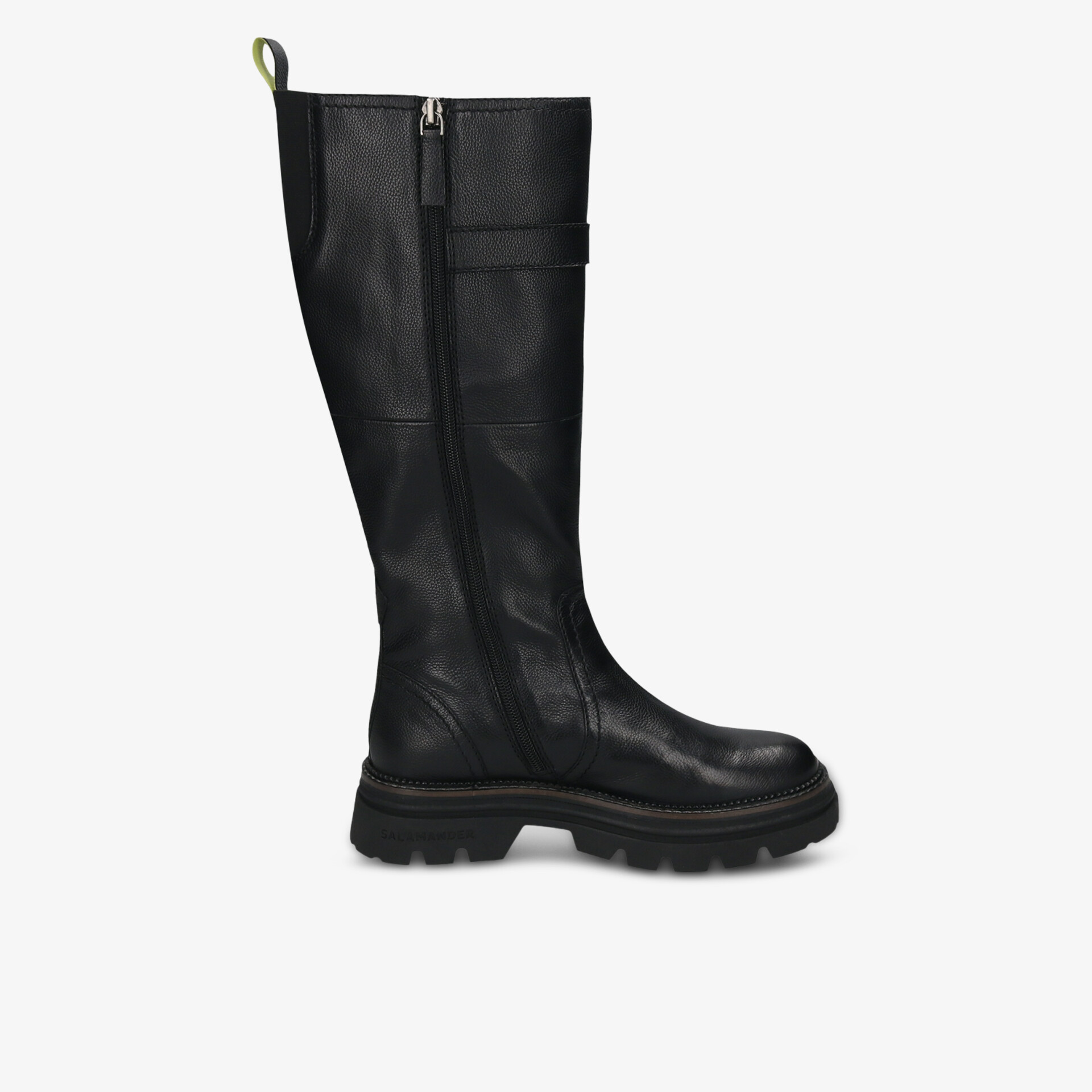 Schwarzer knielanger Stiefel aus Leder mit robustem Blockabsatz und praktischem Seitenreißverschluss
