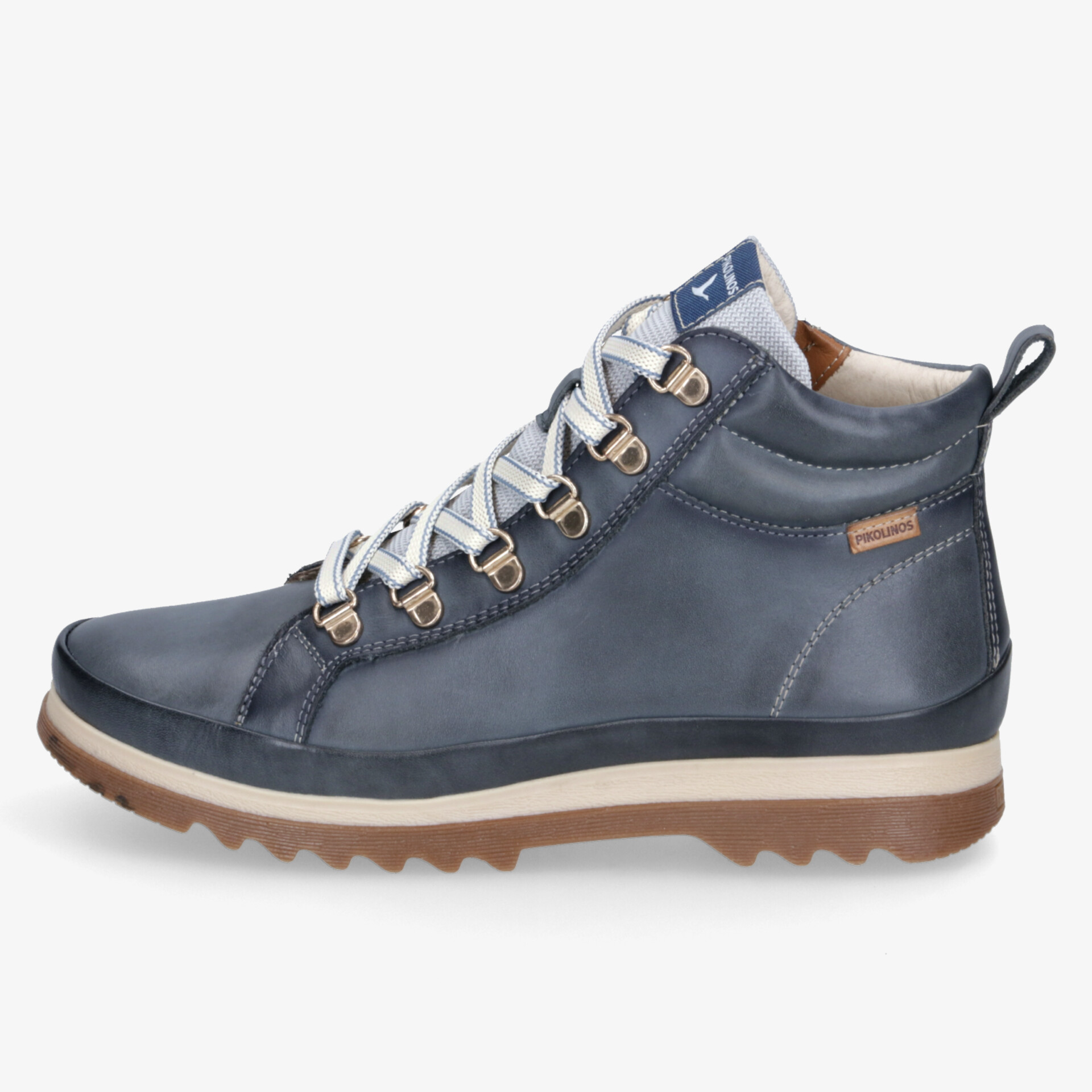 Robuster blauer Wanderschuh mit gepolsterter Zunge, stabiler rutschfester Sohle und hochwertiger Schnürung