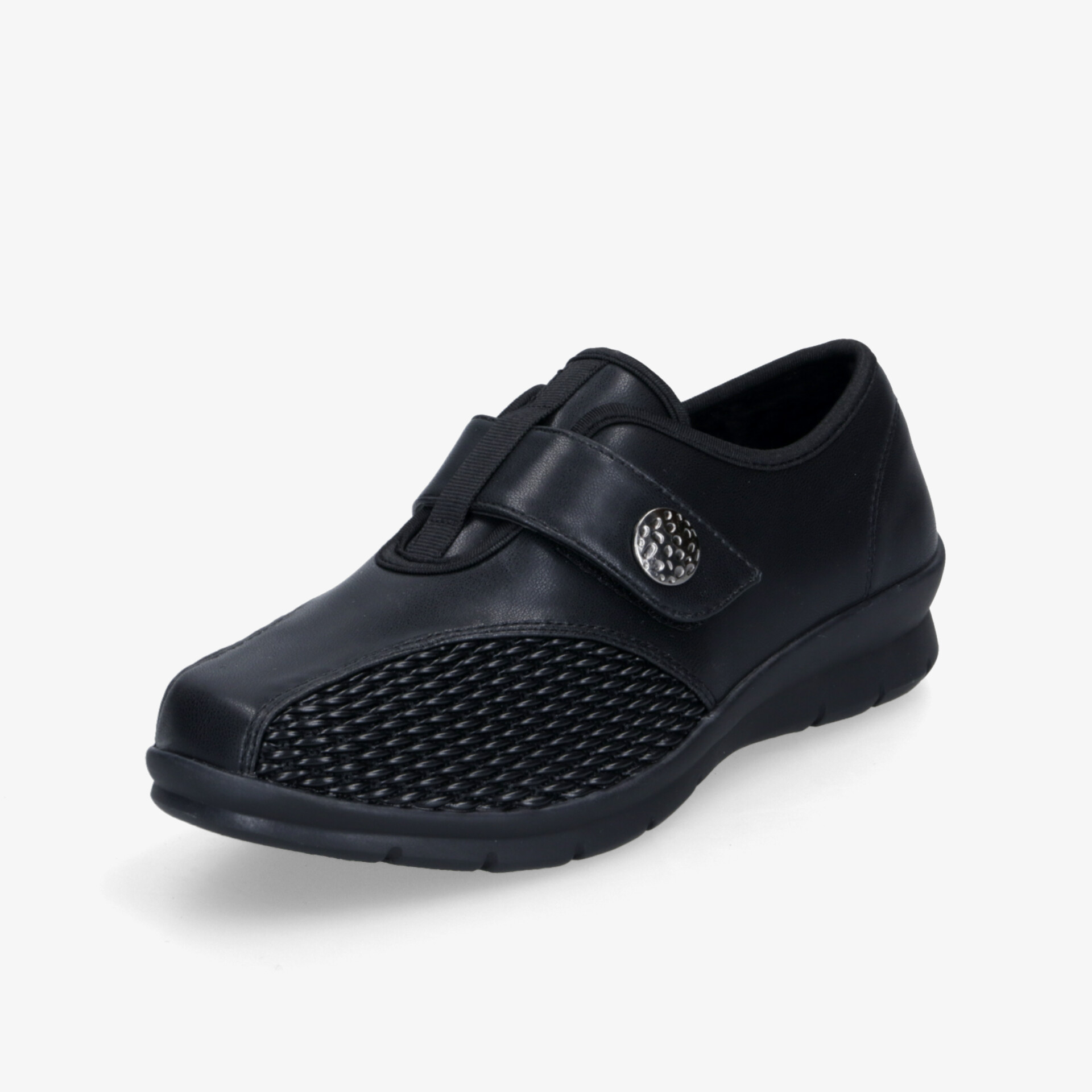 Bequemer schwarzer Schuh mit atmungsaktivem Mesh und praktischem Klettverschluss, ideal für ganztägigen Komfort