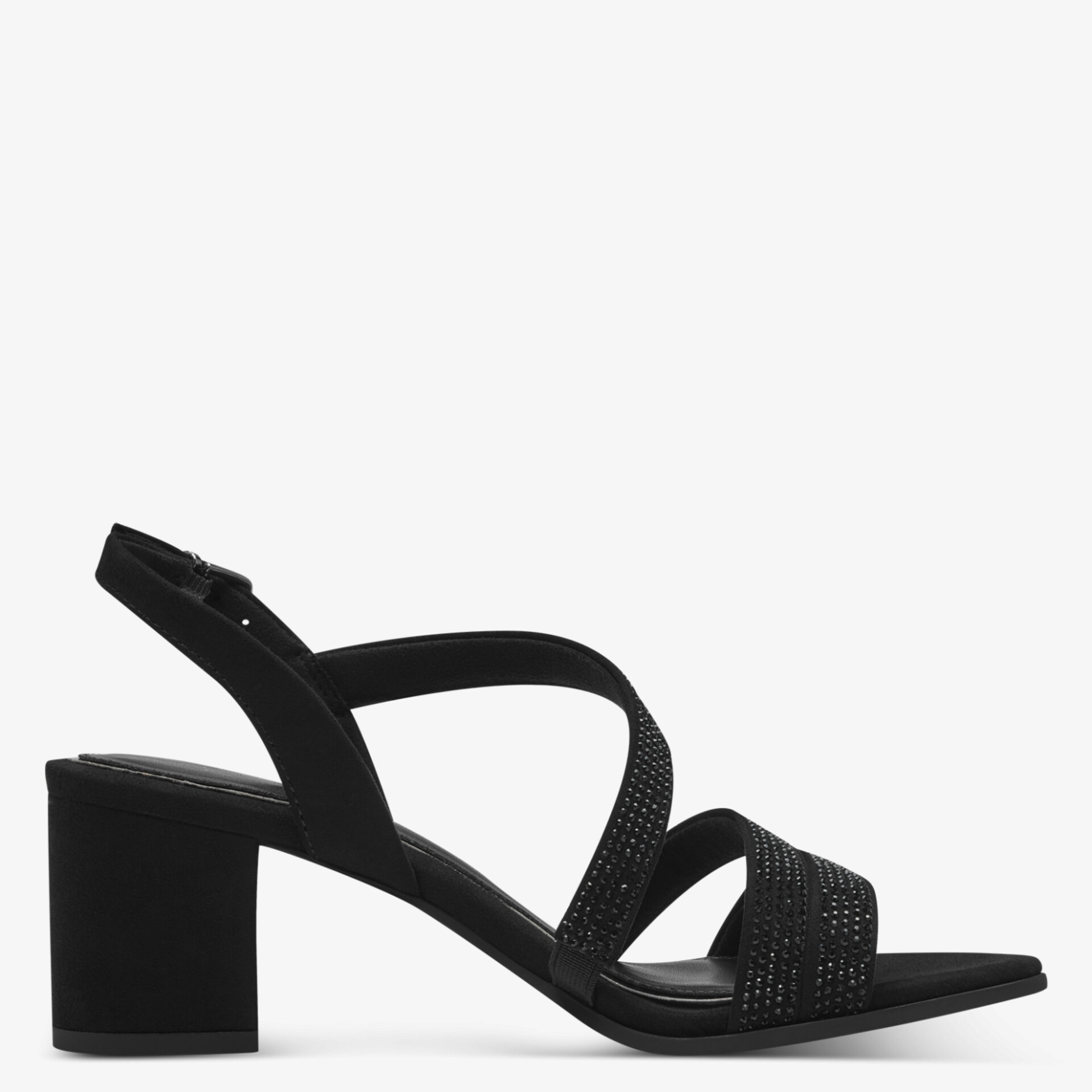 Schwarze Sandale mit mittelhohem Blockabsatz und verstellbarem Riemen, elegant und komfortabel für vielfältige Anlässe