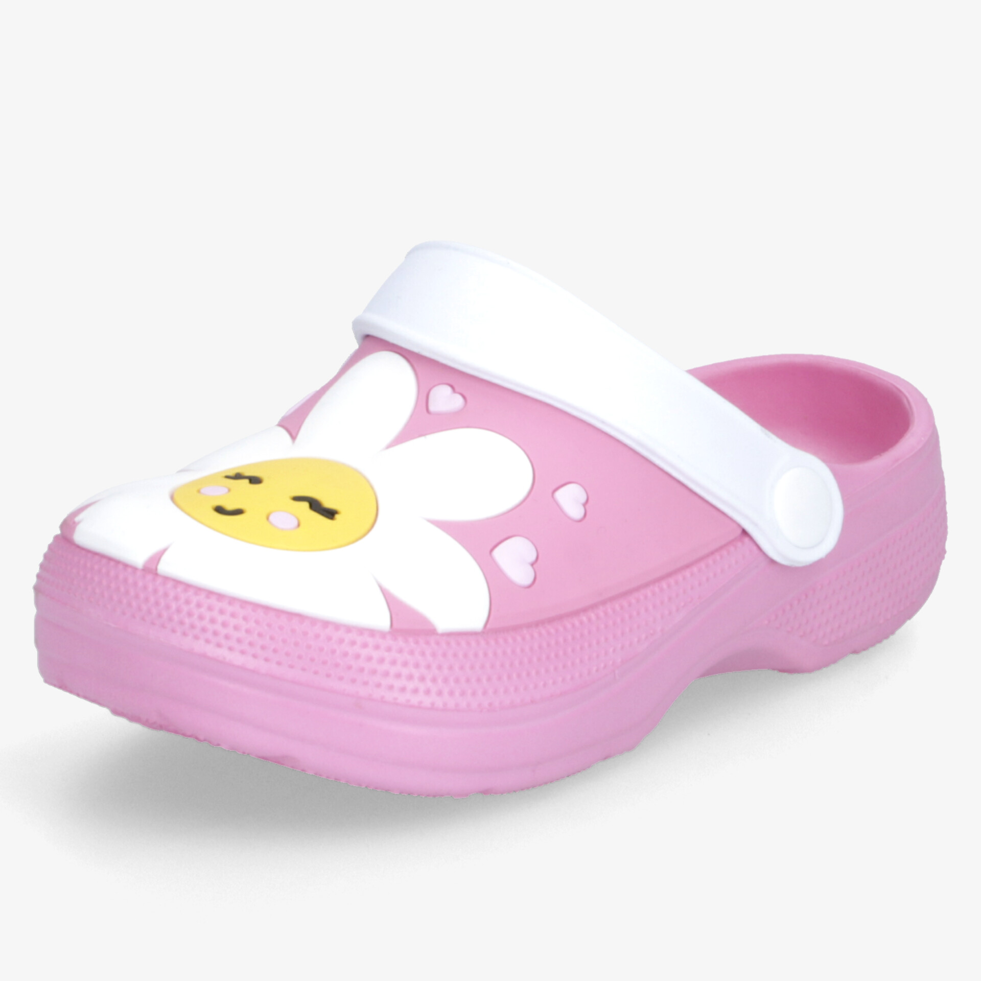 Rosa Clog-Schuh mit Blumenmotiv und weißem Riemen für bequemen Alltagsgebrauch.